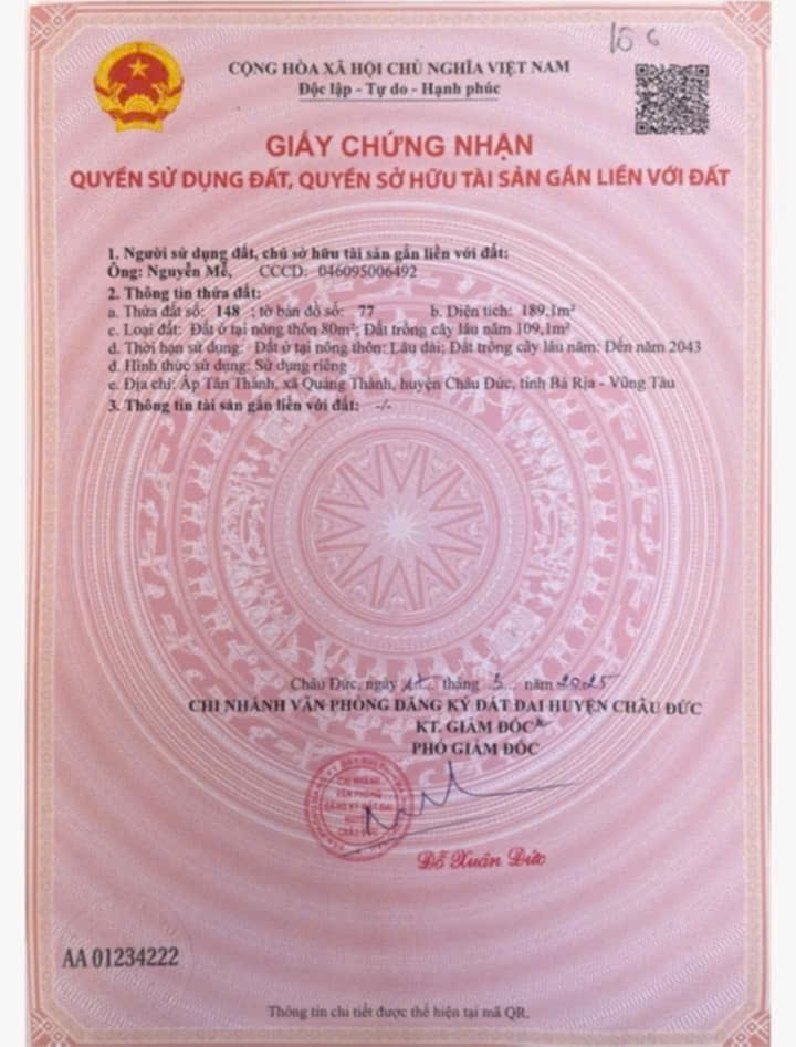 Bán đất 189,1m² ngang 5m giá 499 triệu Xã Sông Ray Châu Đức
