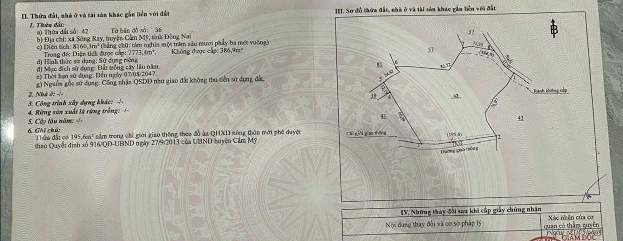 Bán đất 8160.3m² ngang 75.5m giá 5.7 tỷ Xã Sông Ray còn thương lượng