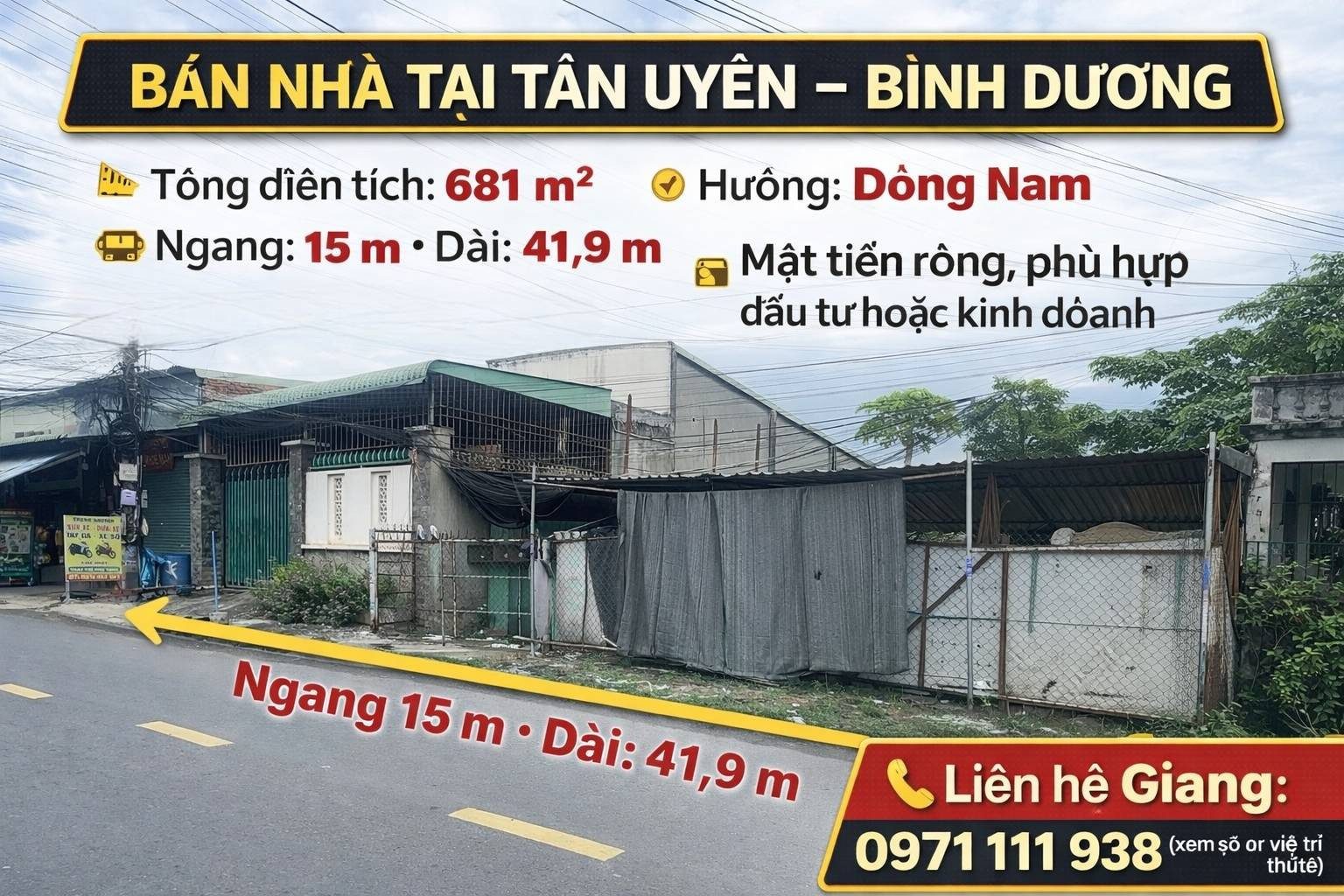 Bán nhà tại Tân Uyên, Bình Dương – diện tích 681m² – ngang 15m