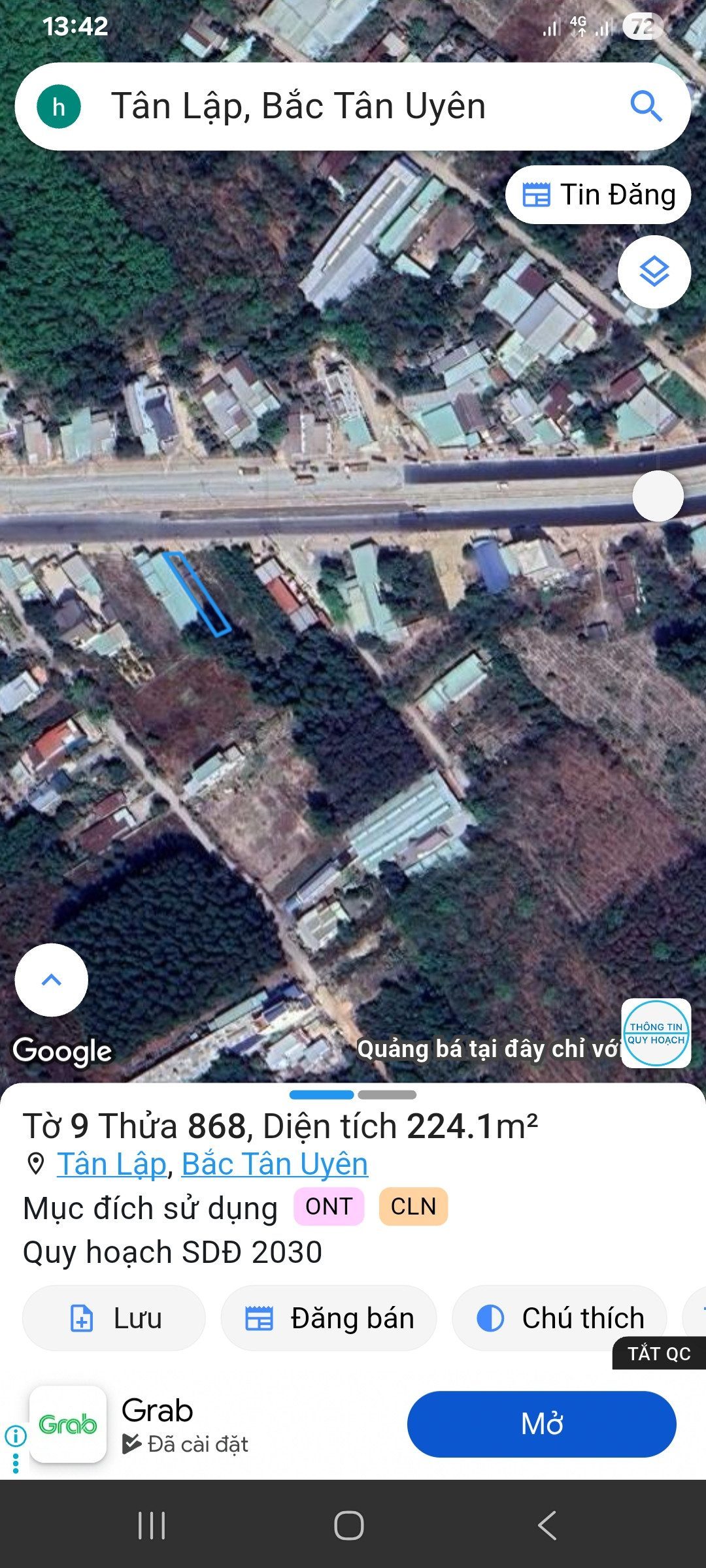 Bán đất mặt tiền đường dt746, tân lập, bắc tân uyên, dt 224m2, thổ cư 100m2, ngang 6m