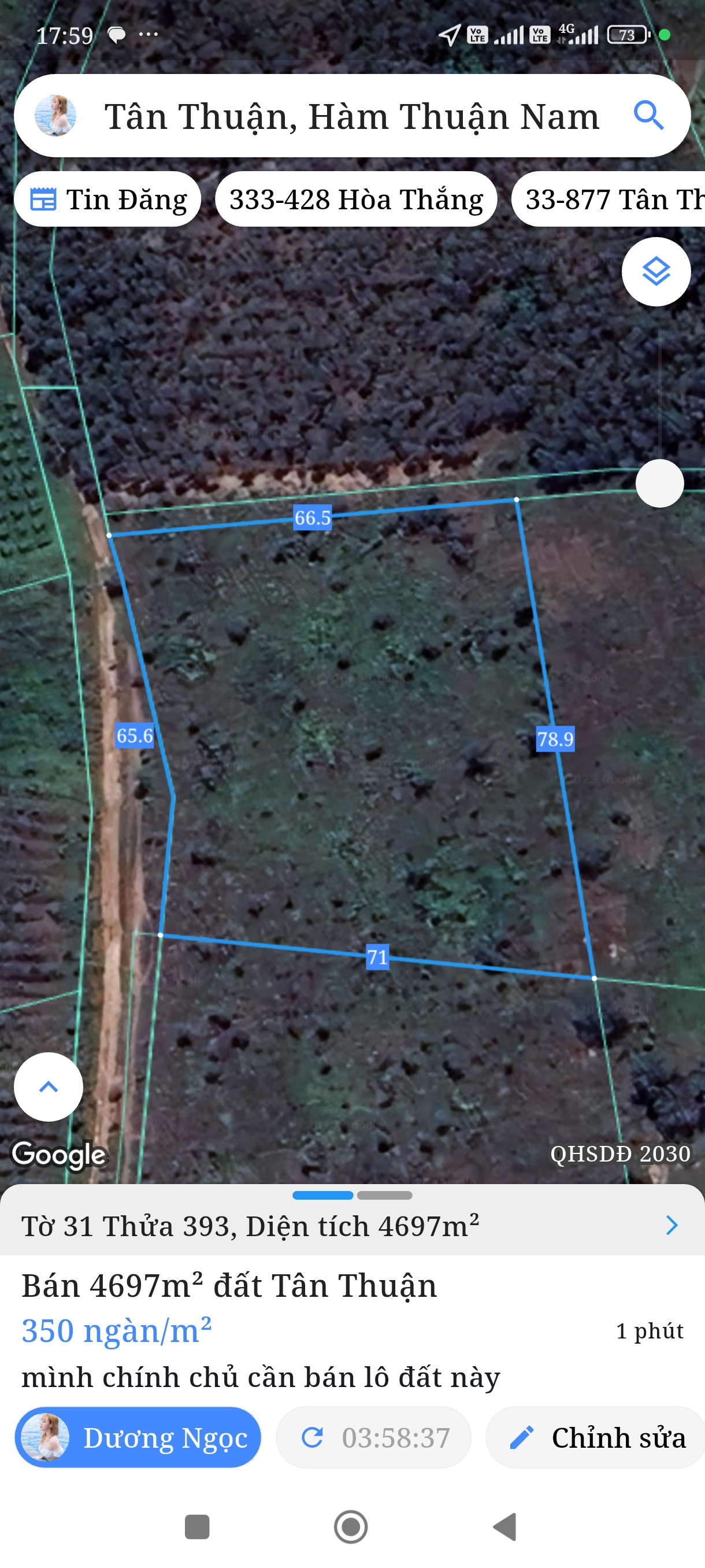 Bán đất 4696,7m² ngang 50m giá 1.64 tỷ Xã Tân Thành