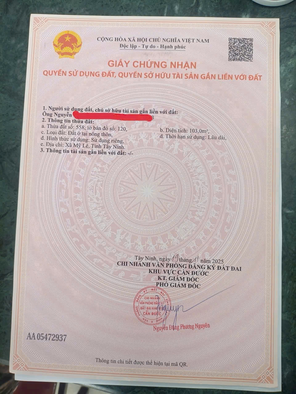 Bán nền thổ cư mt đường liên xã Tân Trạch - Mỹ Lệ , dt 103m2 giá 850 triệu
