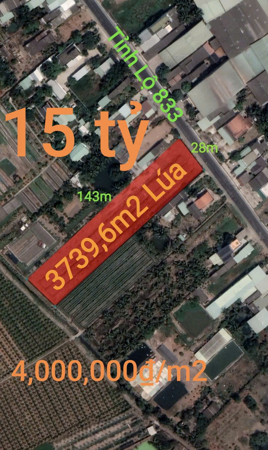 Bán đất 3739,6m² ngang 28m giá 15 tỷ Xã Tân Trụ
