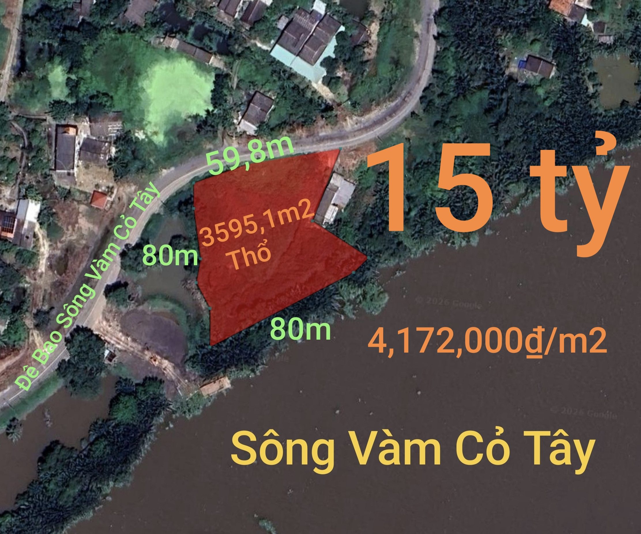 Bán đất 3595,9m² full thổ cư ngang 60m giá 15 tỷ tại Xã Tân Trụ