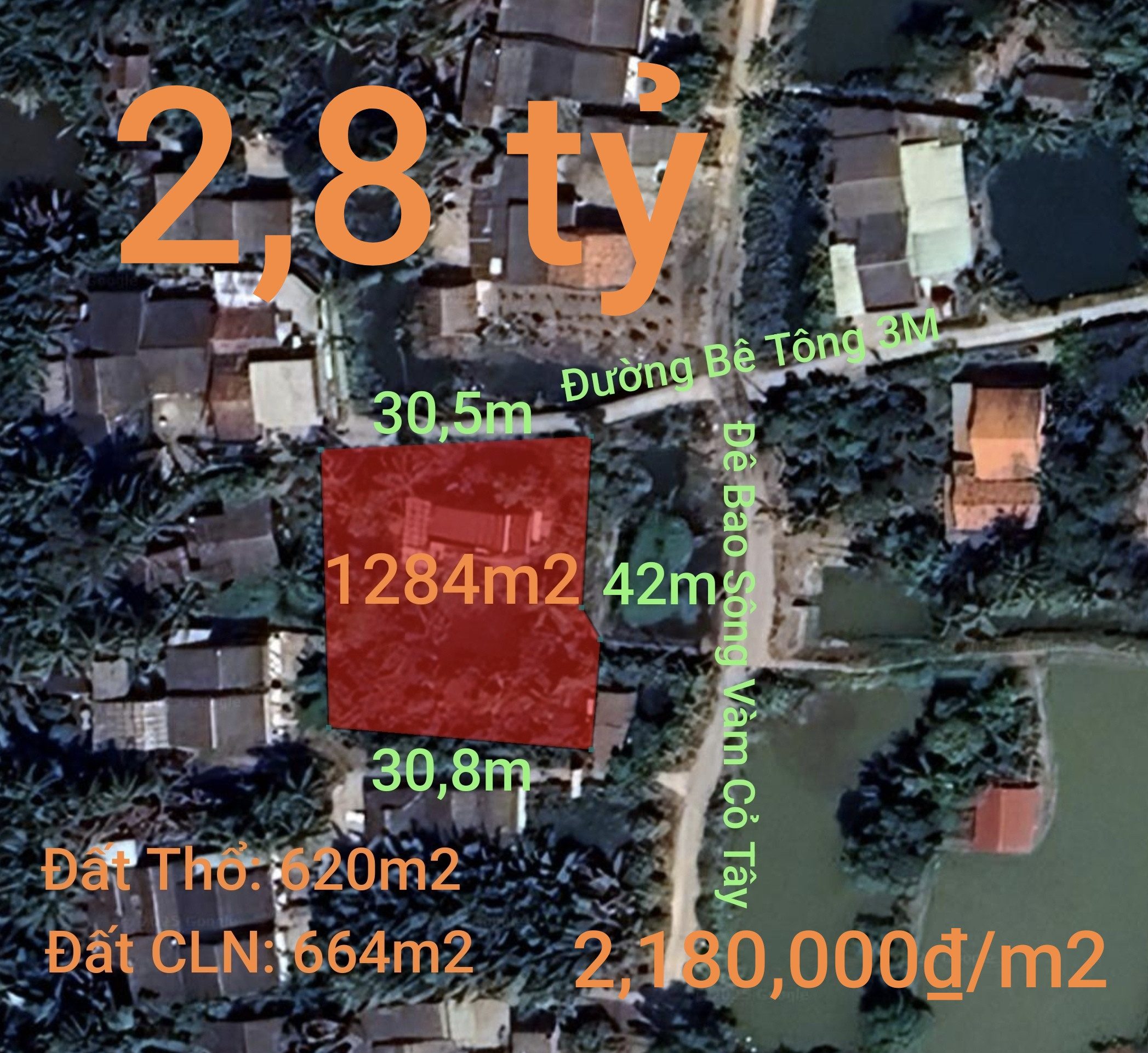 Bán đất 1284m² có sẵn 620m² thổ cư ngang 30m giá 2.8 tỷ tại Xã Tân Trụ