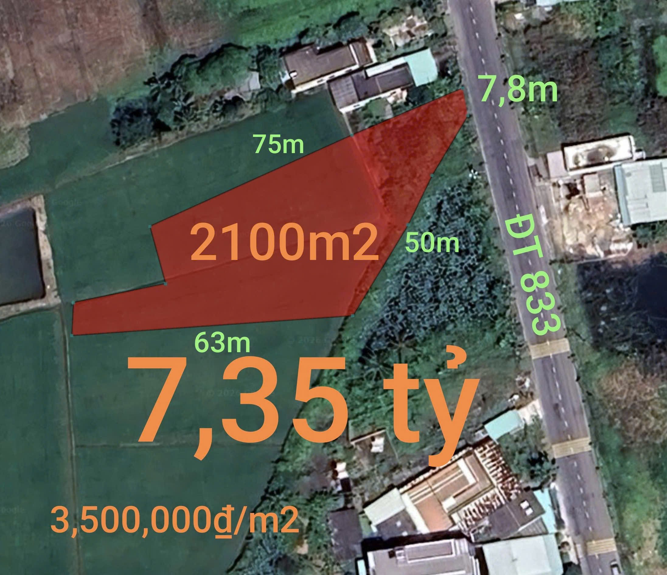 Bán đất 2100m² ngang 7,8m giá 7.35 tỷ tại Xã Tân Trụ