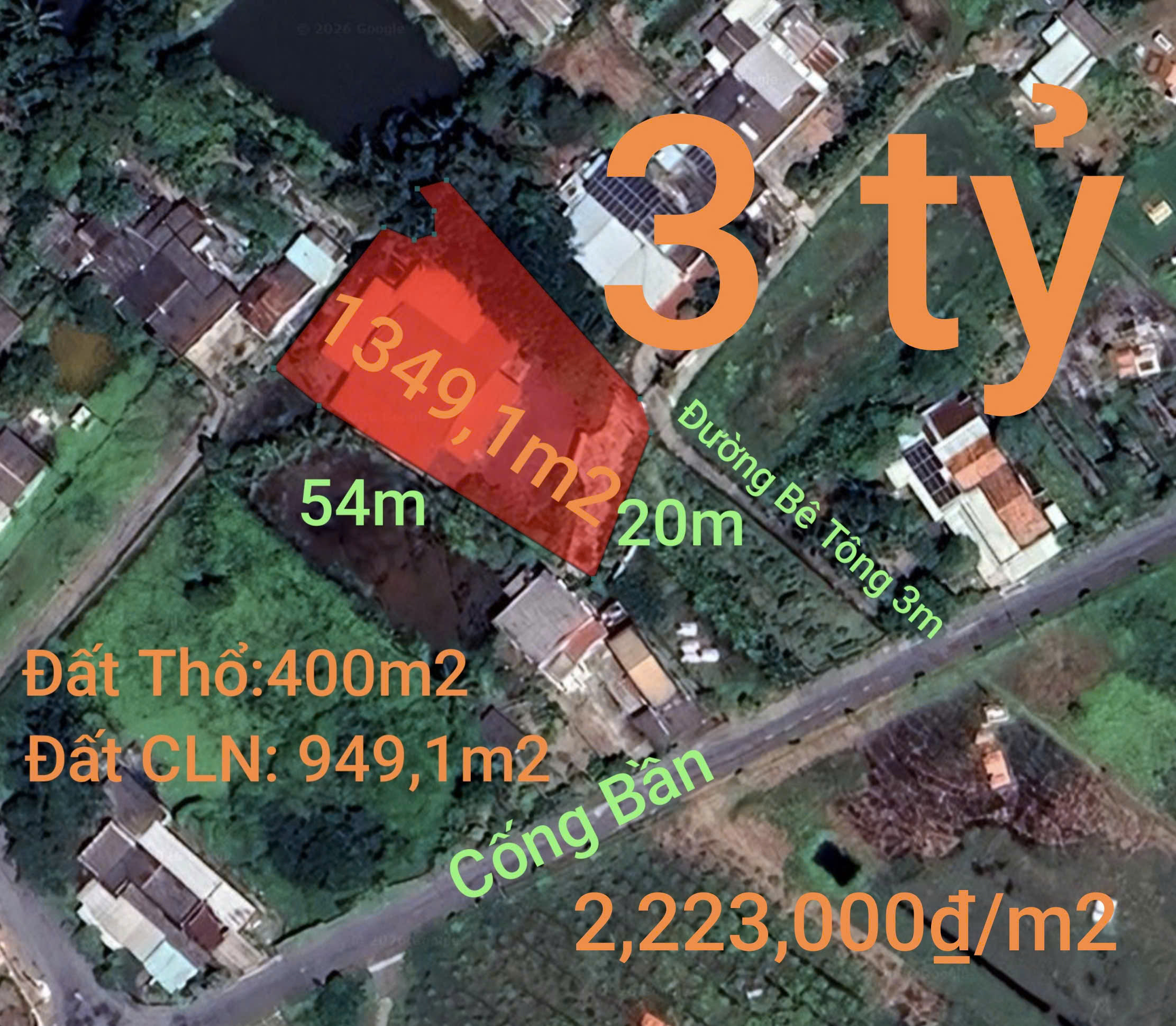 Bán nhà 1349,1m² có sẵn 400m² thổ cư ngang 20m giá 3 tỷ tại Xã Tân Trụ