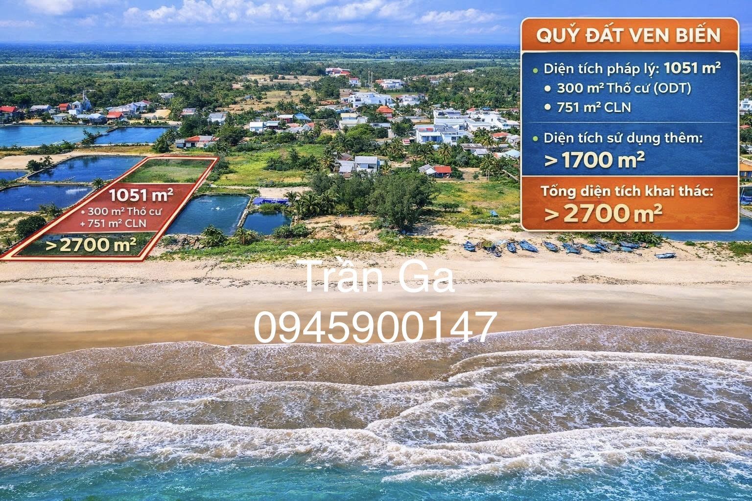 Bán đất 2038.6m² mặt biển, có sẵn 300m² thổ cư ngang 40m giá 10.5 tỷ tại Xã Thăng Trường