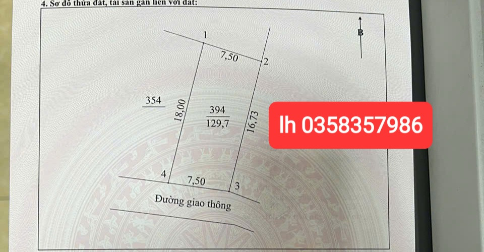 Bán đất 128.7m² ngang 7.5m giá 843 triệu Xã Thành Công