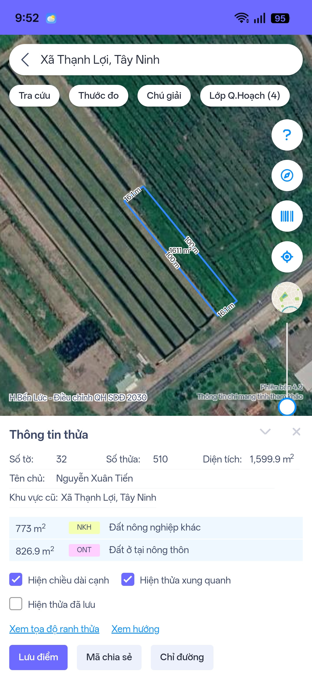 Bán Đất 1600m2 có sẵn 826.9 m2 thổ cư giá 6 tỷ tại Xã Thạnh Lợi Huyện Bến Lức Long An