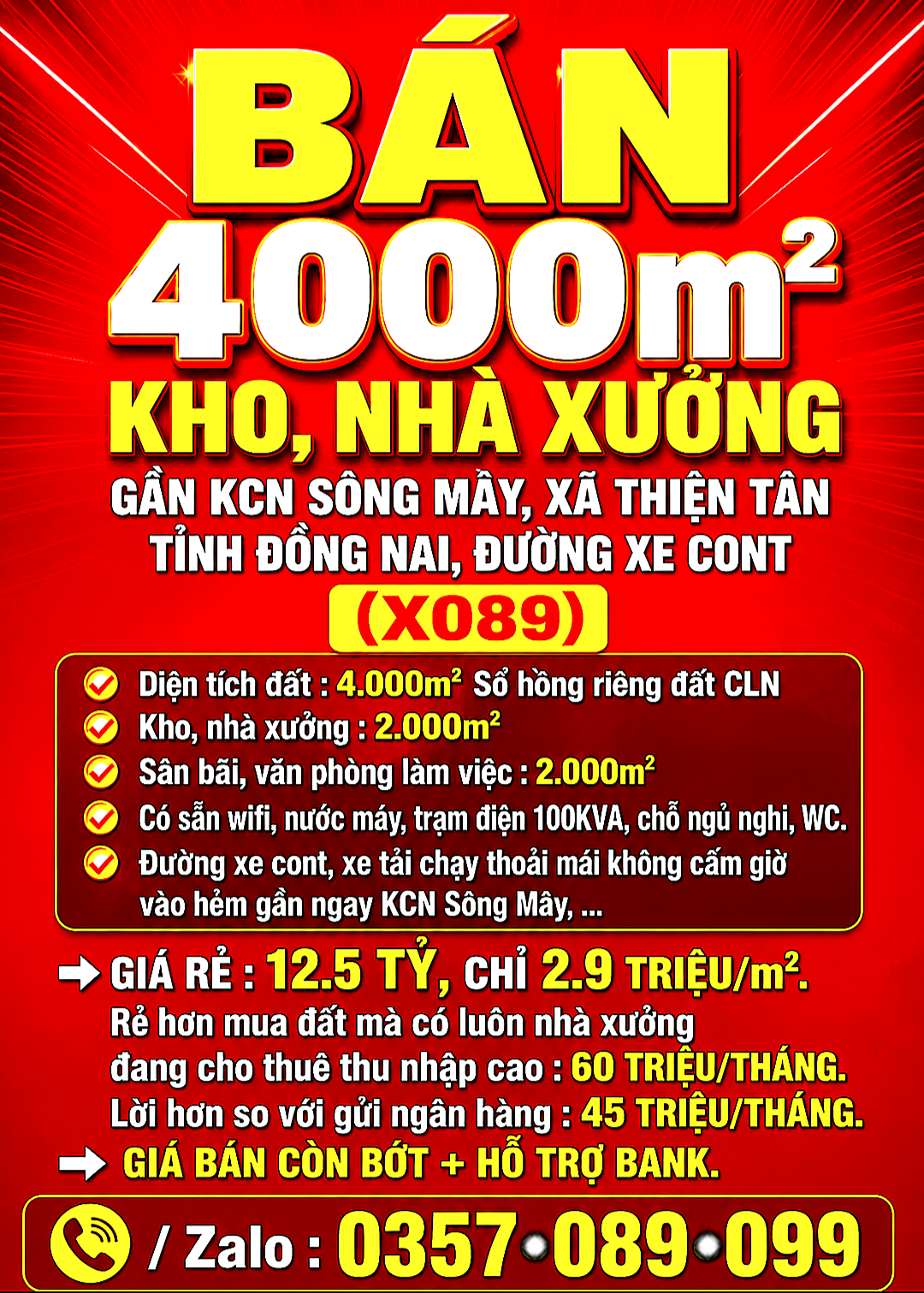 BÁN RẺ 4000m2 KHO, NHÀ XƯỞNG THIỆN TÂN, TP ĐỒNG NAI GẦN KCN SÔNG MÂY, SỔ HỒNG RIÊNG
