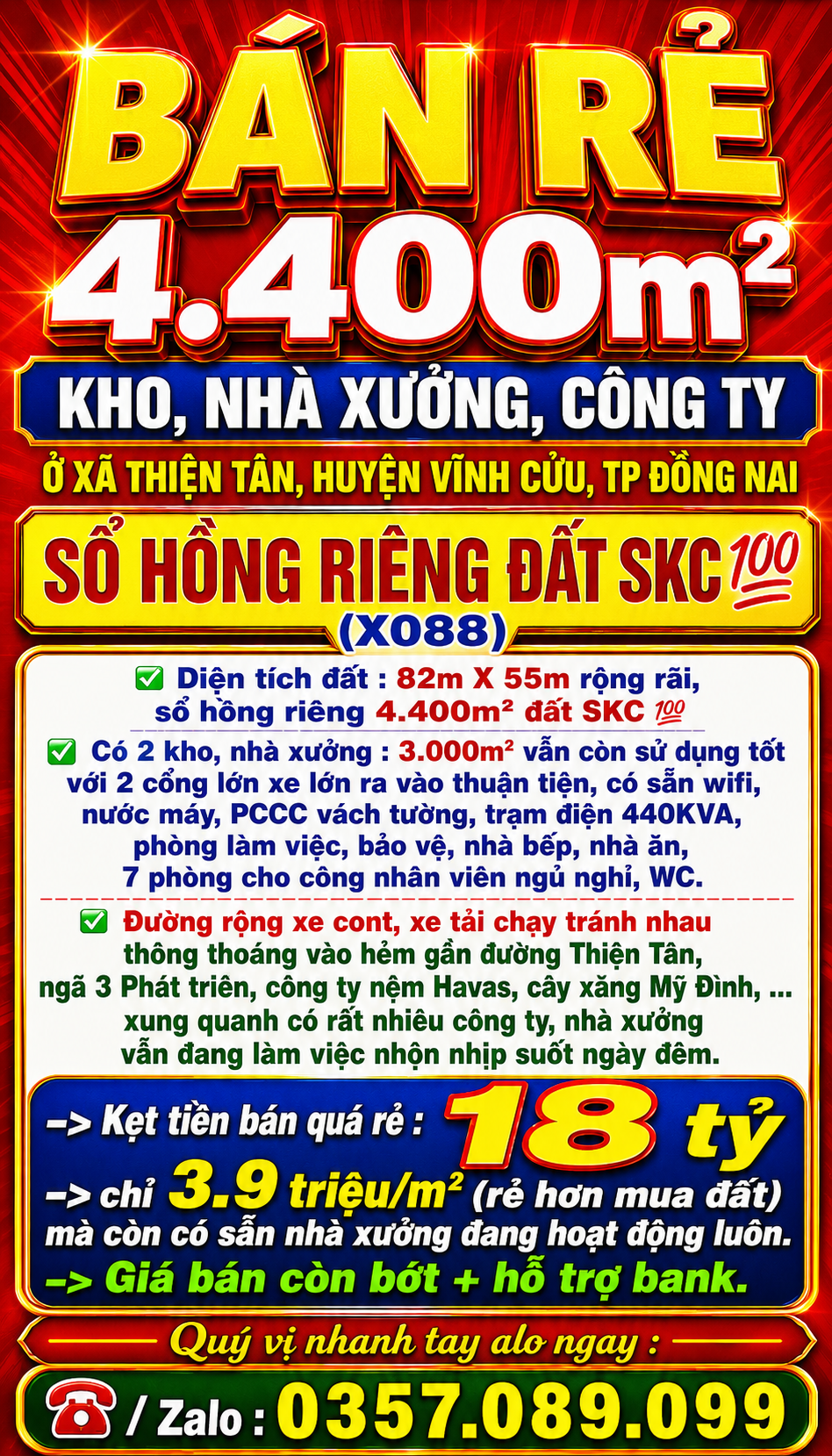 BÁN RẺ 4400m2 KHO, NHÀ XƯỞNG, CÔNG TY XÃ THIỆN TÂN, VĨNH CỬU, TP ĐỒNG NAI, SỔ HỒNG ĐẨT SKC 💯