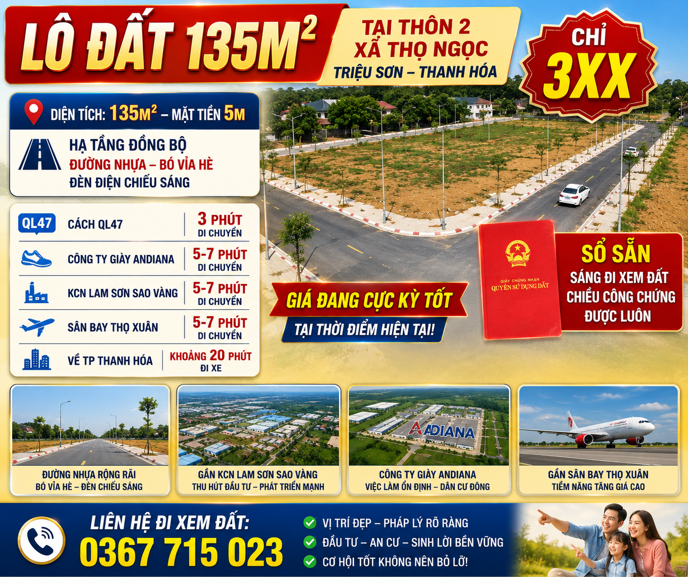 Bán Đất 135m² thổ cư 91m² giá 395 triệu tại Xã Thọ Ngọc Thanh Hóa