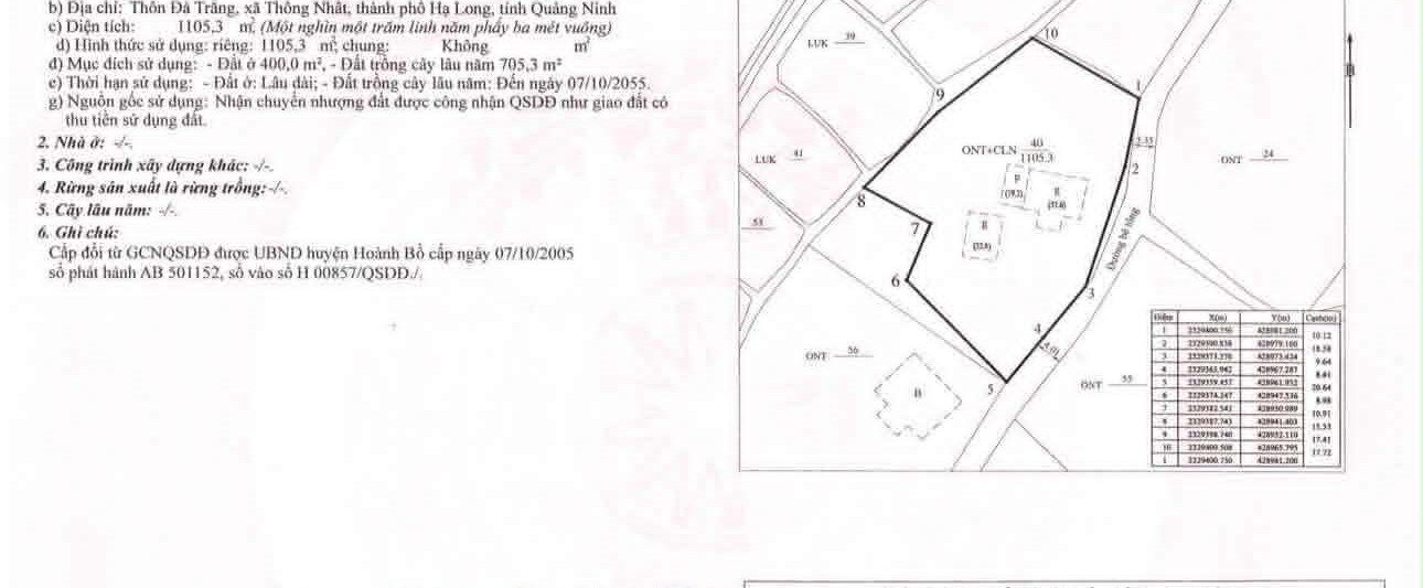 BÁN 1105M2 ĐẤT XÃ THỐNG NHẤT HOÀNH BỒ,HẠ LONG CÓ 800M2 ĐẤT Ở