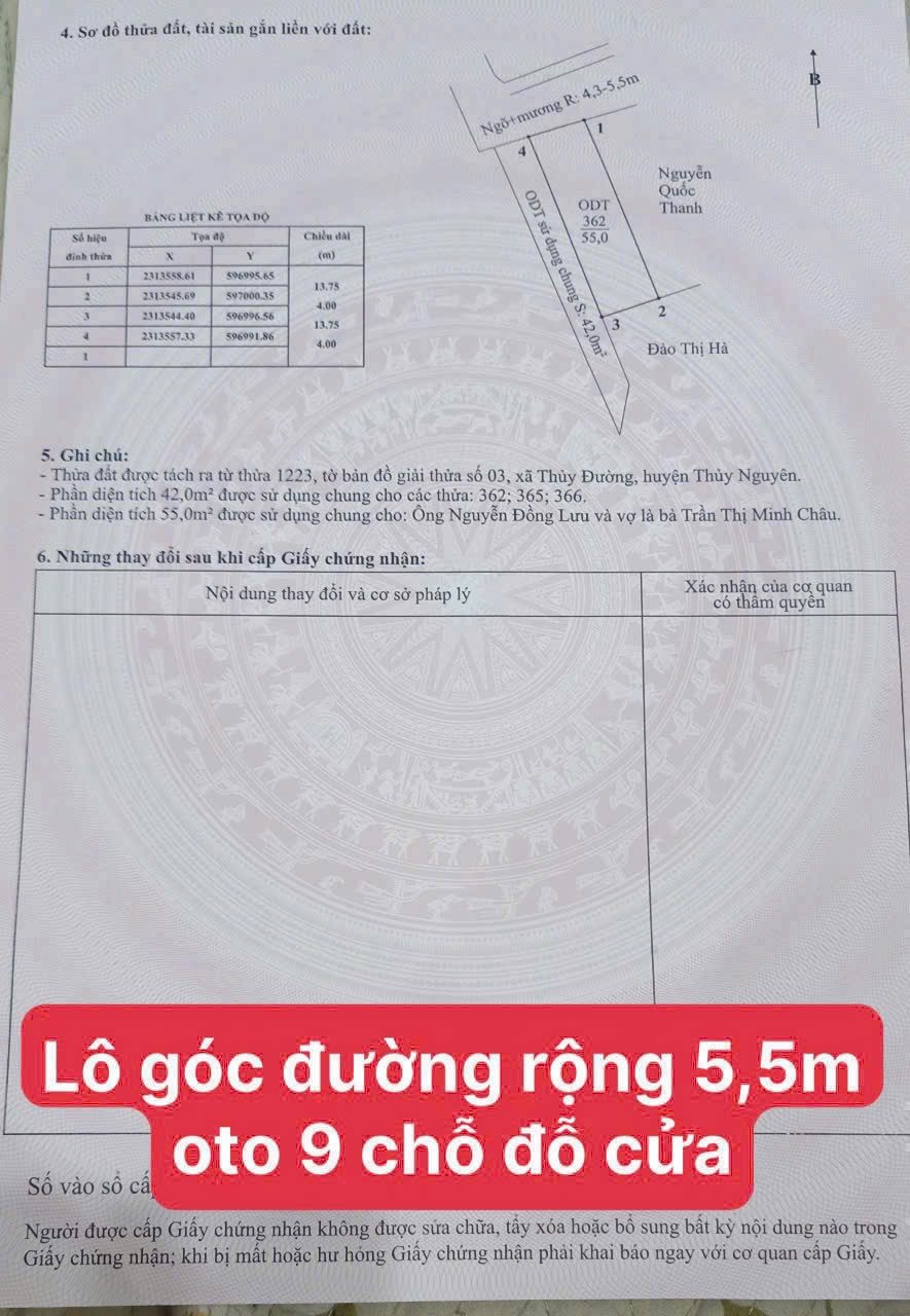 Bán Đất 55m2 giá 1850 tại Thuỷ Đường , đường rộng 5 m ô tô đỗ cửa. L/h;076.231.9990 e Thúy
