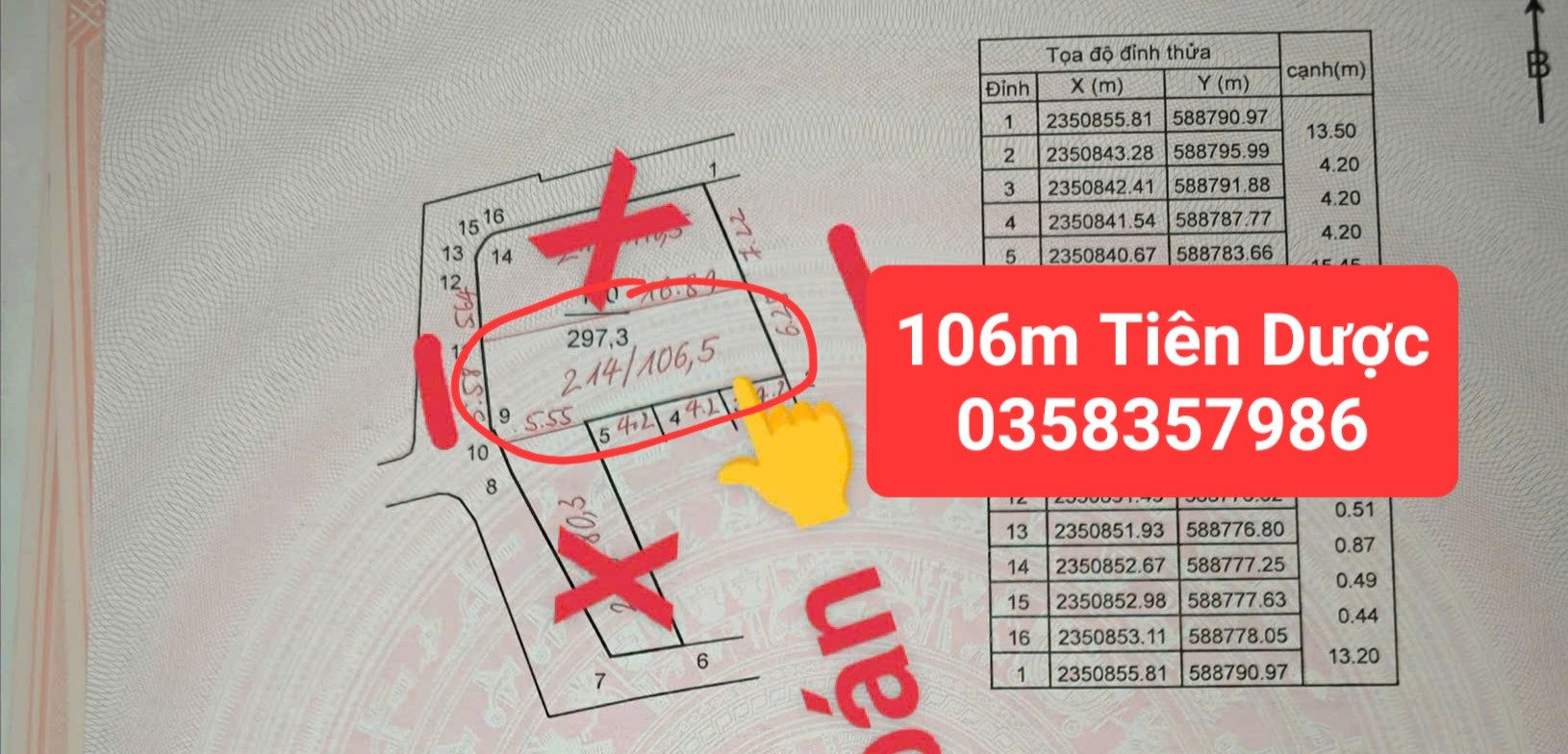 Bán đất DT 106m vuông,MT 5.58m,giá bán 3 tỷ