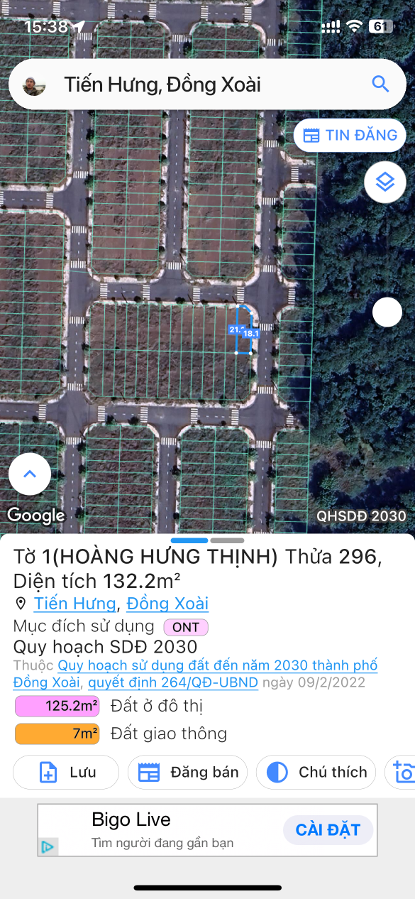 Bán đất 132m² 1.6 tỷ tại Xã Tiến Hưng Thành phố Đồng Xoài
