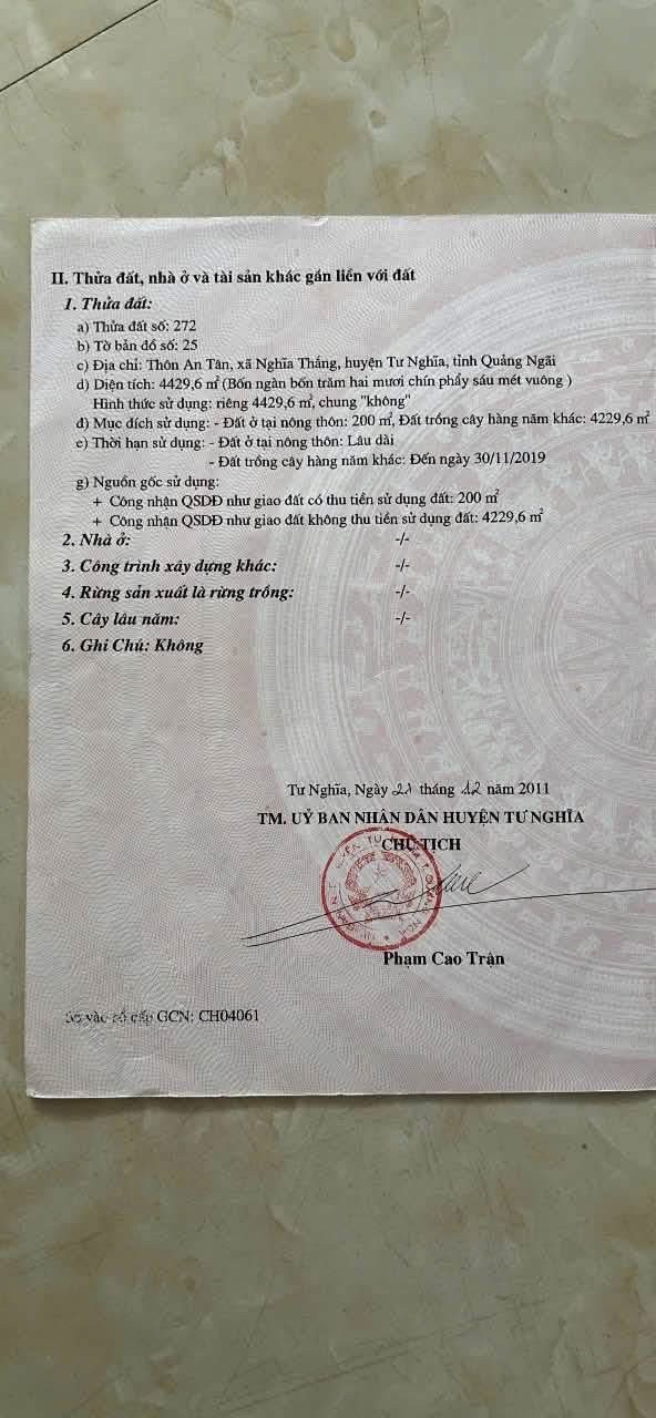 Bán đất 4429m² có sẵn 200m² thổ cư ngang 100m giá 1.1 tỷ tại Xã Trà Giang