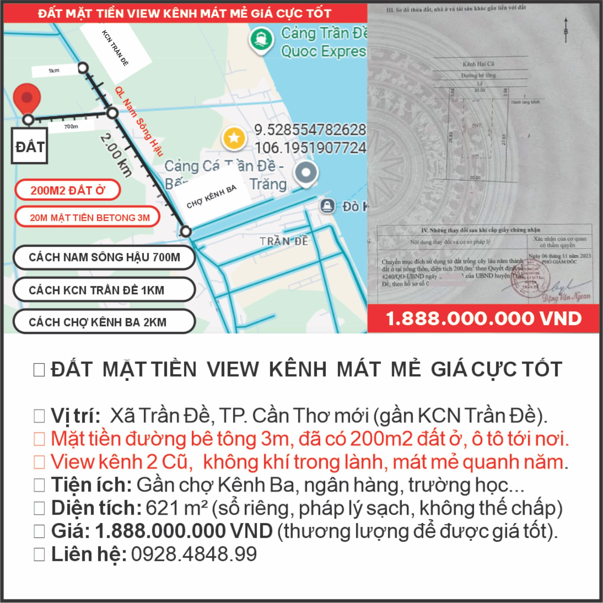 ĐẤT MẶT TIỀN  KCN TRẦN ĐỀ, CẢNG NƯỚC SÂU