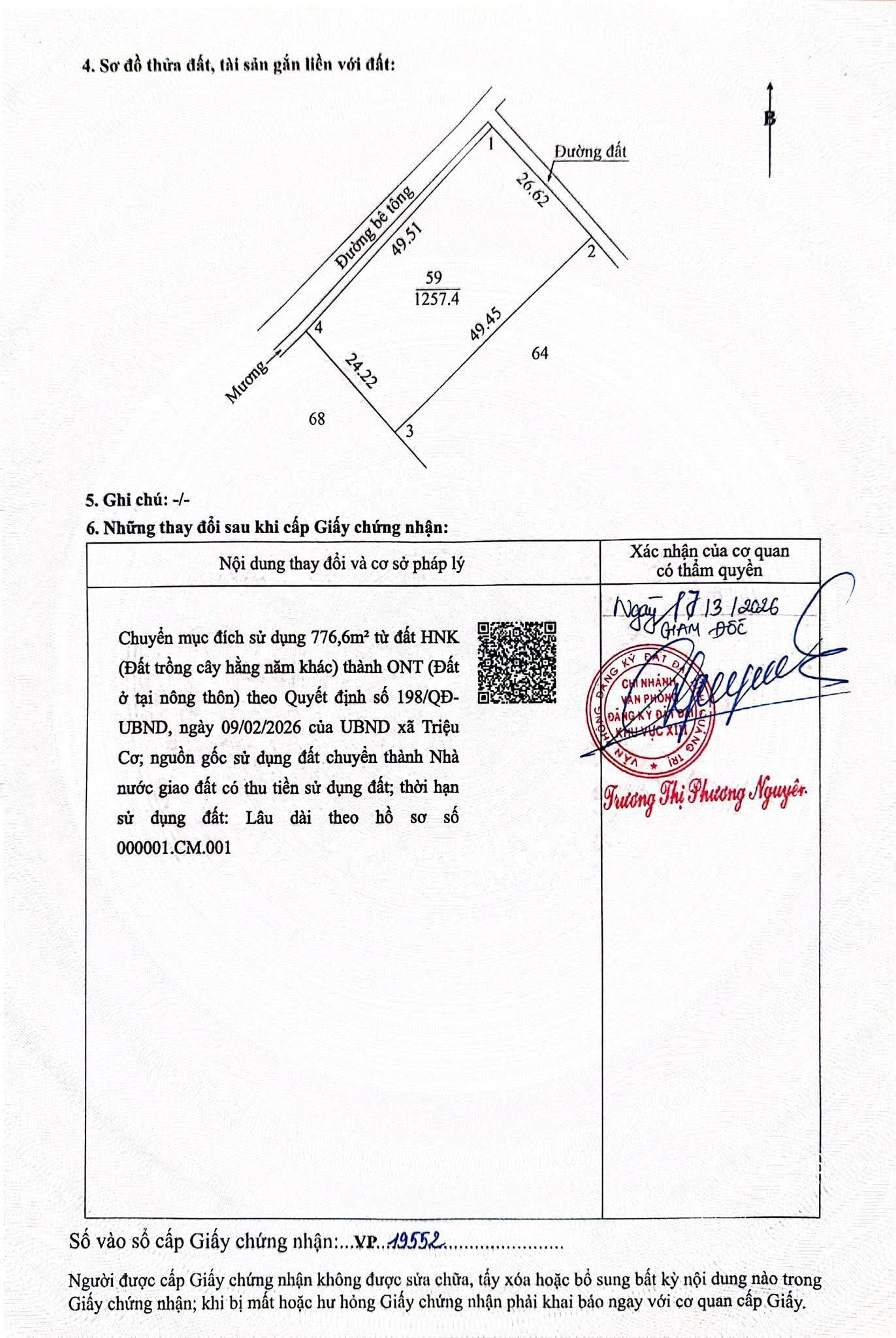 Bán đất 1257m² có sẵn 776m² thổ cư ngang 50m giá 1.7 tỷ tại Xã Triệu Cơ