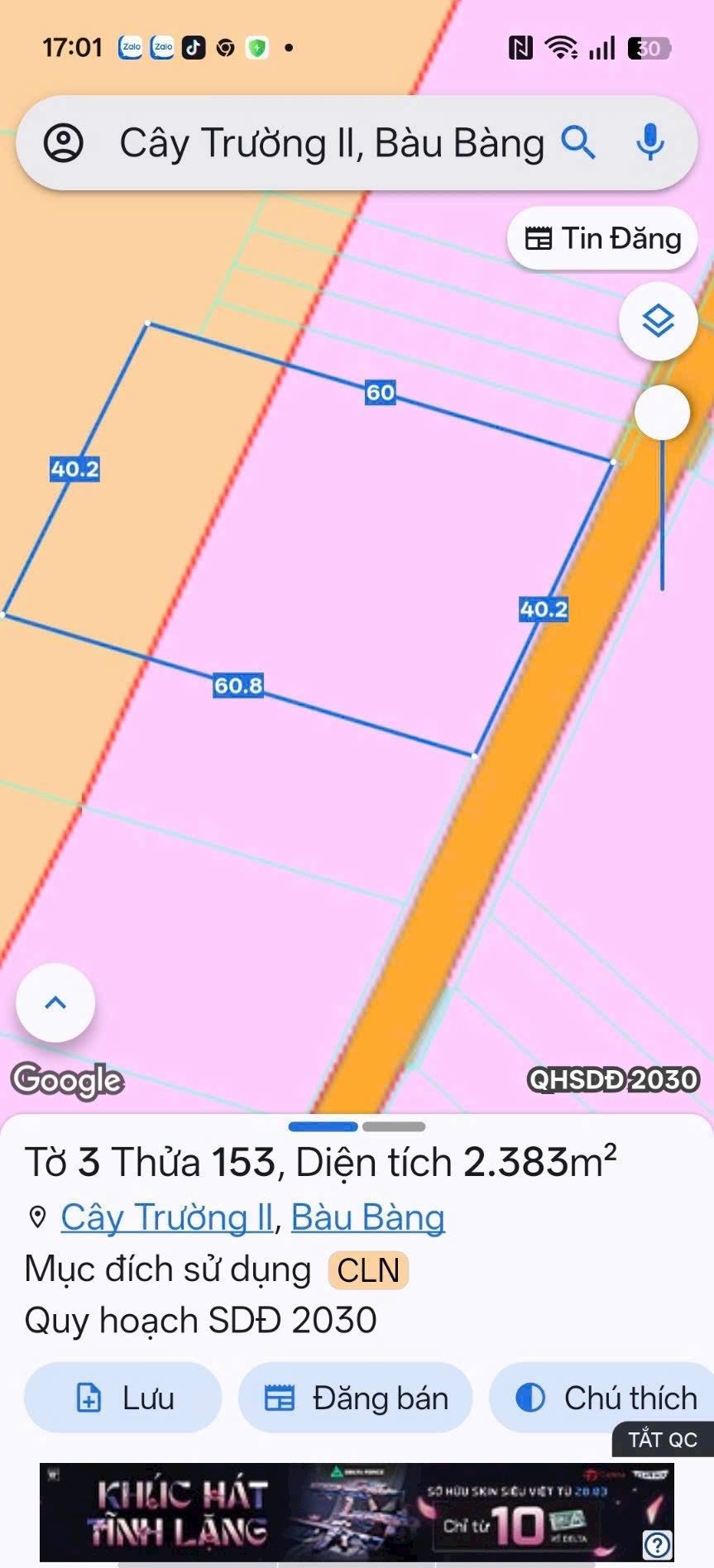 Bán đất 2382.7m² ngang 40m giá 3.8 tỷ tại kCN Cây trường 2