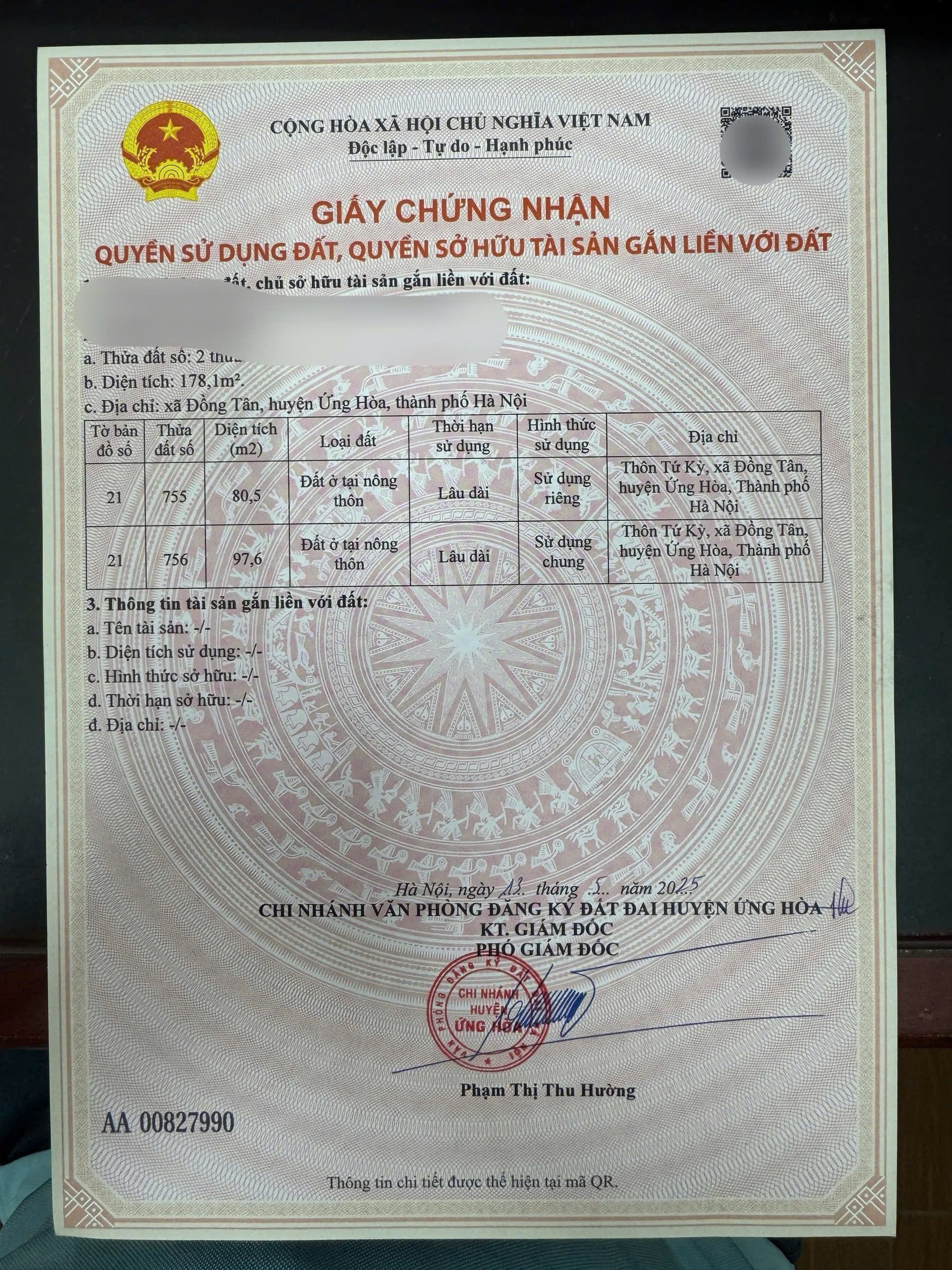 Bán đất 80,5m² full thổ cư ngang 6,3m giá 1.75 tỷ tại Xã Ứng Hòa