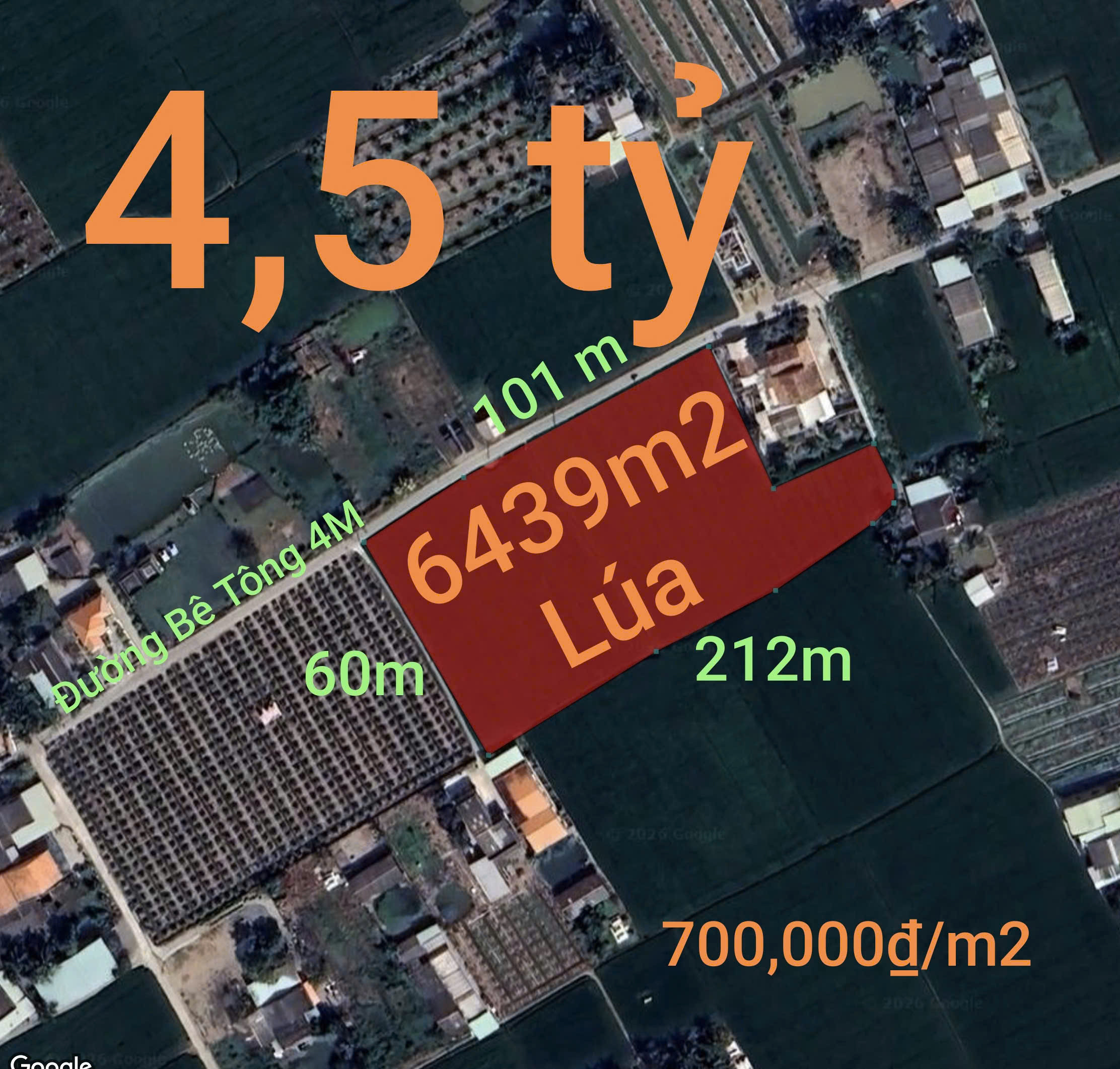 Bán đất 6439m² ngang 101m giá 4.5 tỷ tại Xã Vàm Cỏ