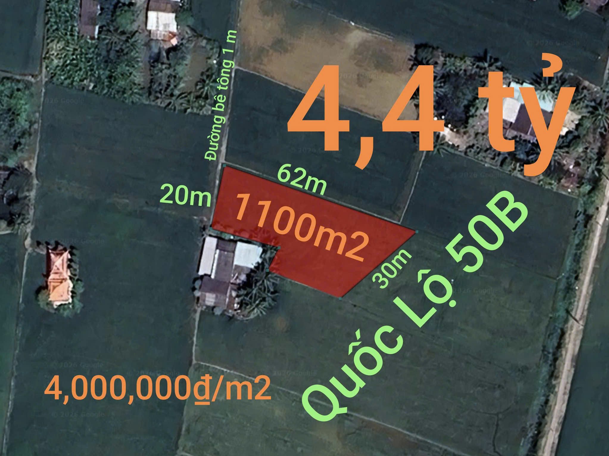 Bán đất 1190.6m² ngang 30m giá 4.4 tỷ tại Xã Vàm Cỏ