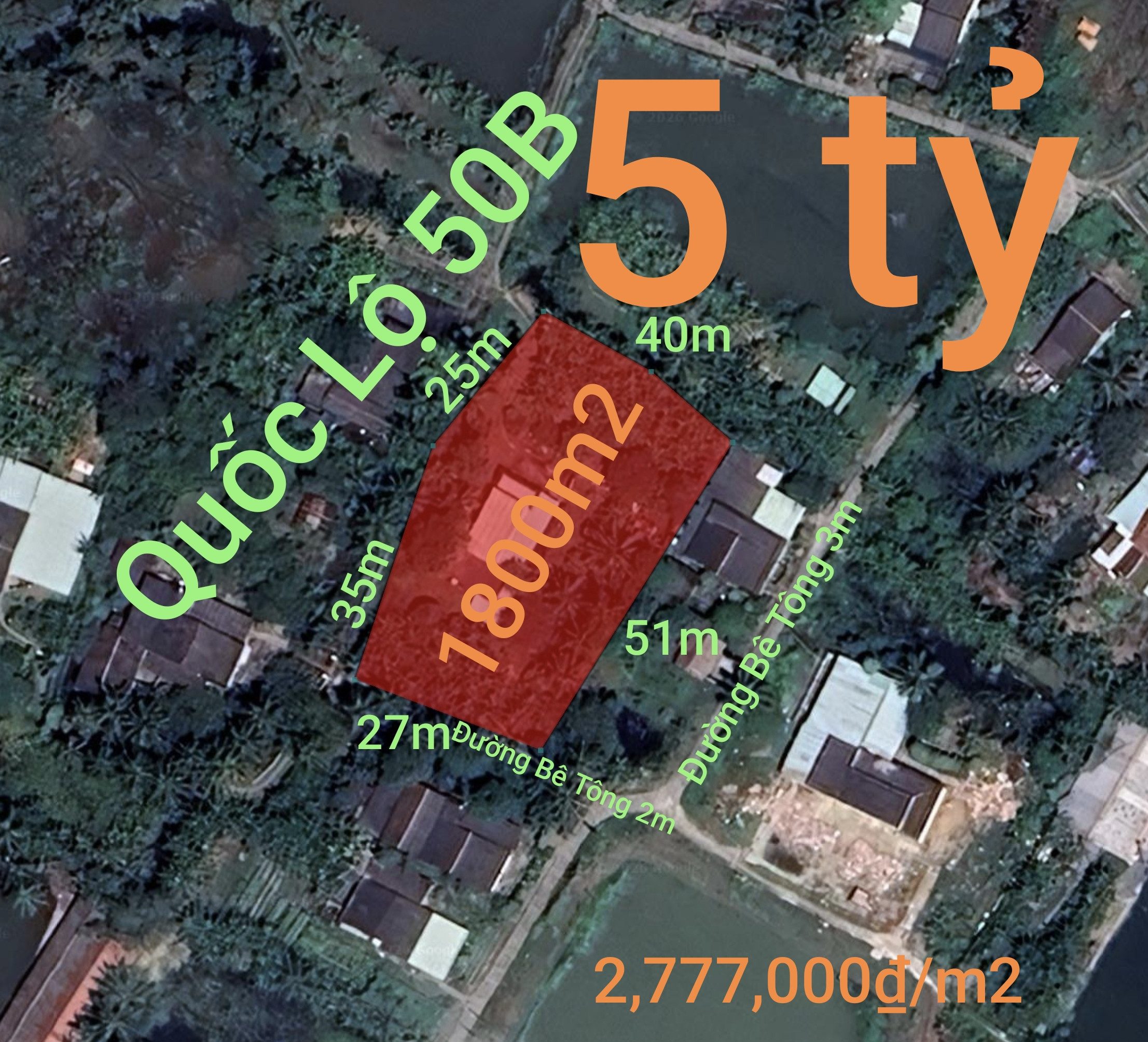 Bán đất 1800m² có sẵn 599m² thổ cư ngang 25m giá 5 tỷ tại Xã Vàm Cỏ
