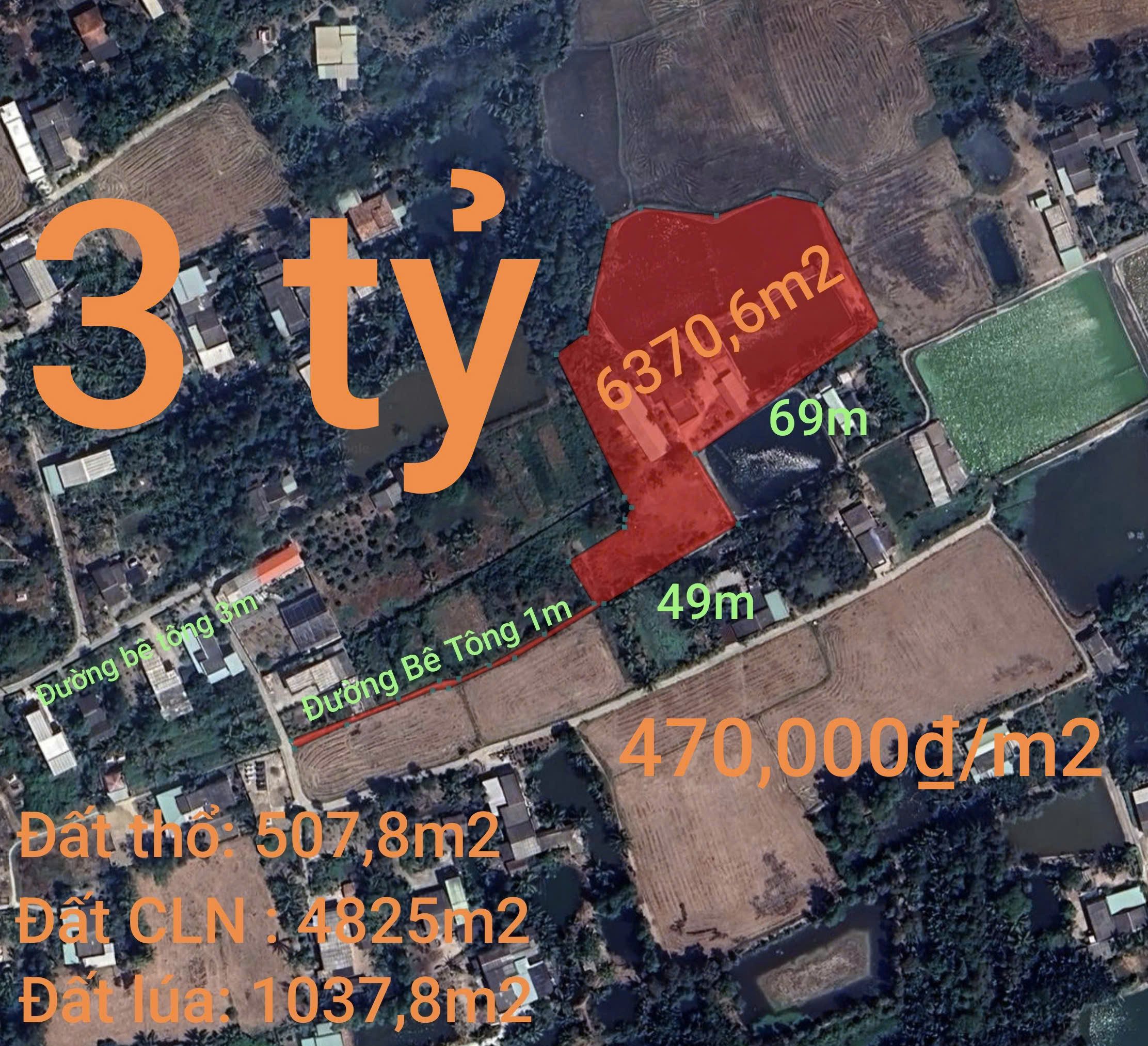 Bán nhà 6370m² có sẵn 507m² thổ cư ngang 69m giá 3 tỷ tại Xã Vàm Cỏ
