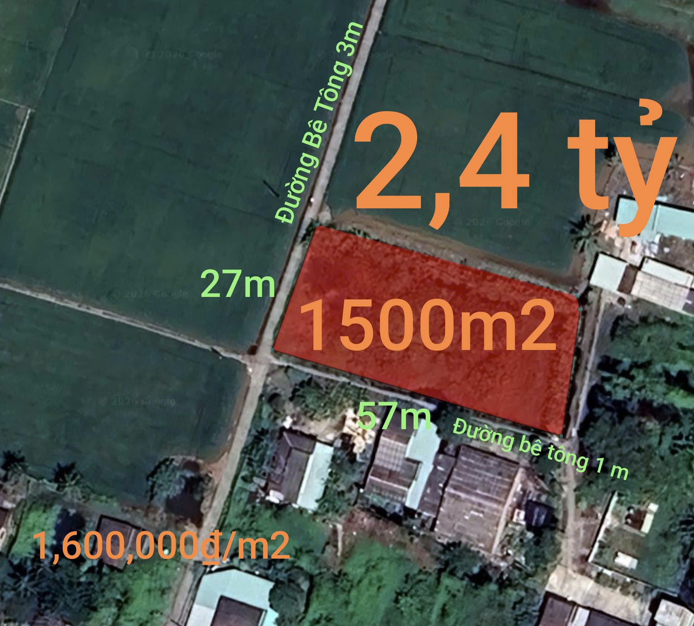 Bán đất 1500m² ngang 27m giá 2.4 tỷ tại Xã Vàm Cỏ