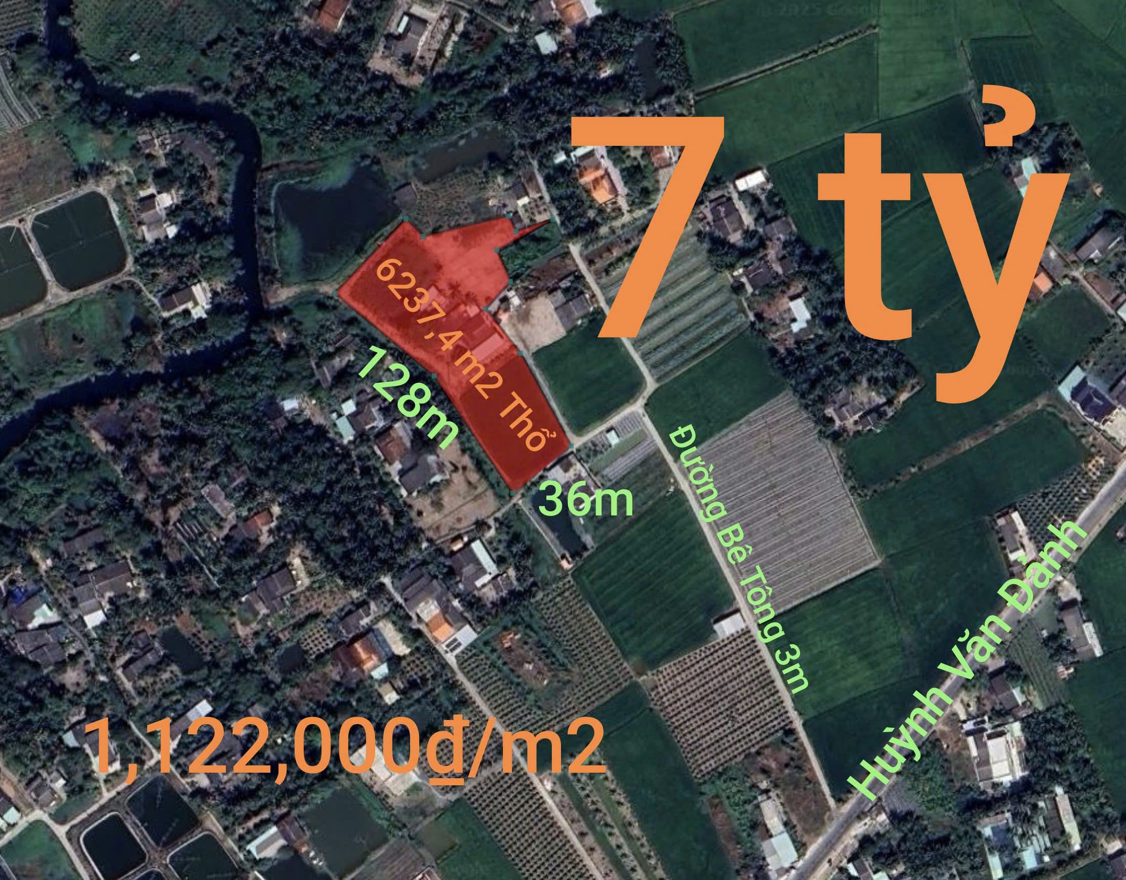Bán đất 6237.4m² full thổ cư ngang 36m giá 7 tỷ tại Xã Vàm Cỏ
