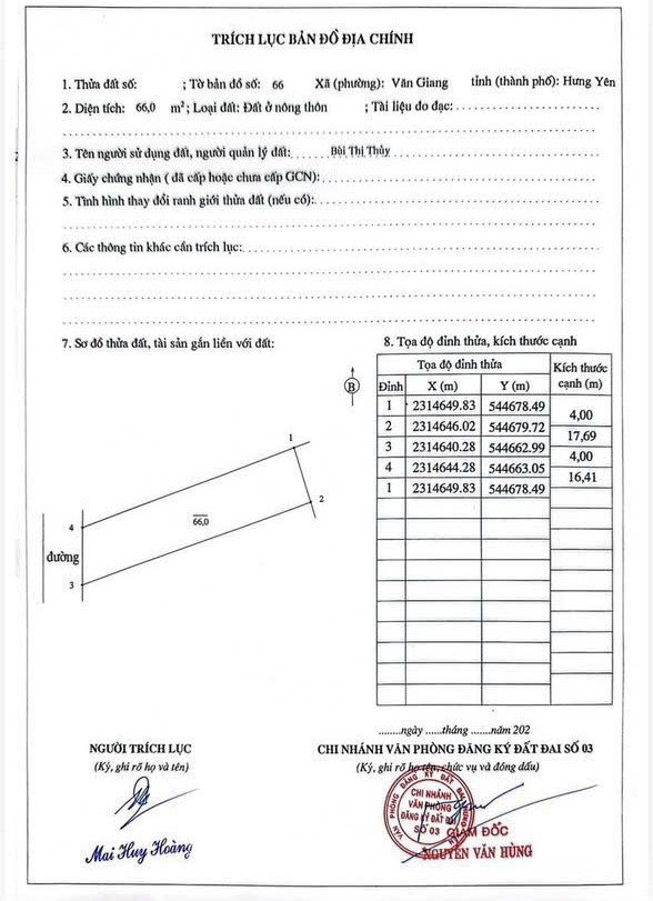 Bán đất 66,2m² full thổ cư ngang 4m giá 4.24 tỷ tại Xã Văn Giang