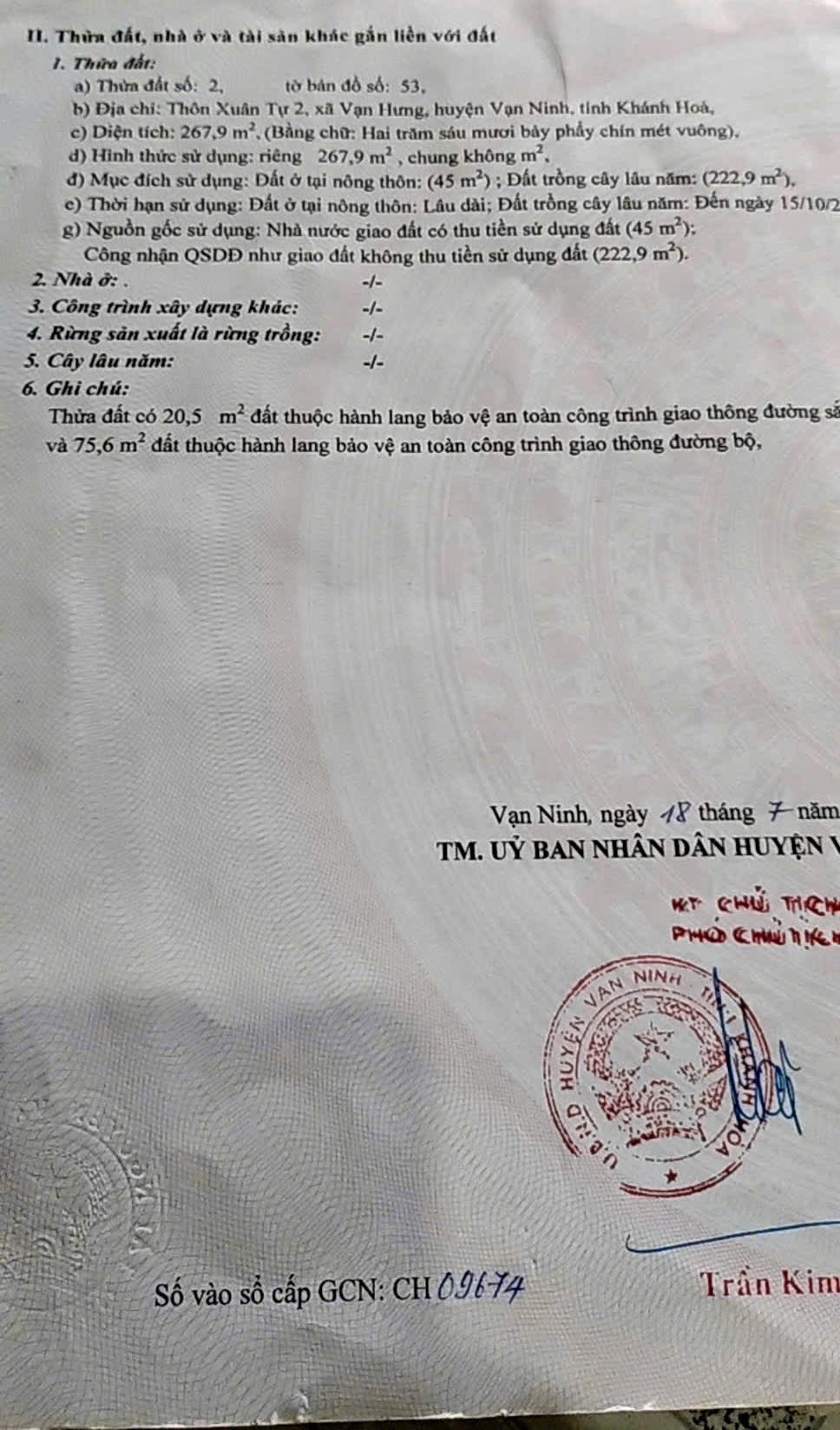 Bán nhanh lô đất mặt tiền quốc lộ 1A vạn Hưng