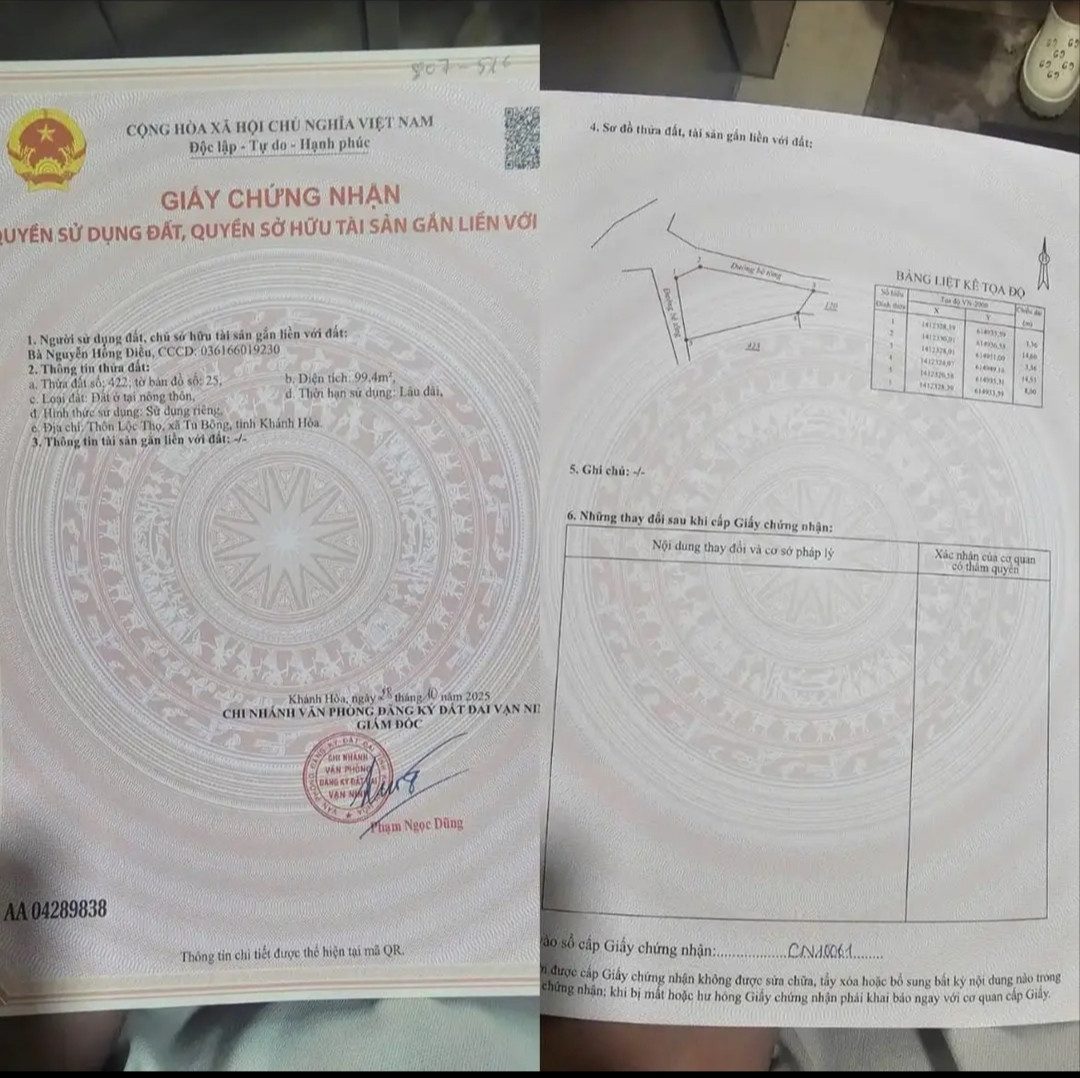 Bán đất 99m2 thổ cư thôn Lộc Thọ, xã Vạn Long ( Tu Bông ) - Vạn Ninh - Khánh Hòa