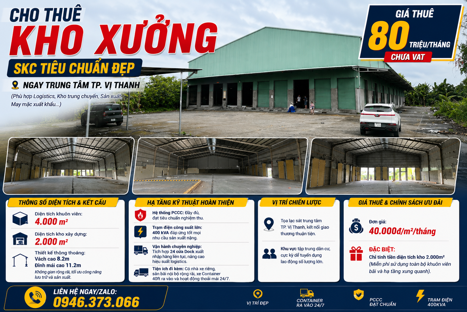 TỔNG KHO SKC CHIẾN LƯỢC 4.000M² TRUNG TÂM TP. VỊ THANH – PCCC CHUẨN – GIÁ 80 TR!