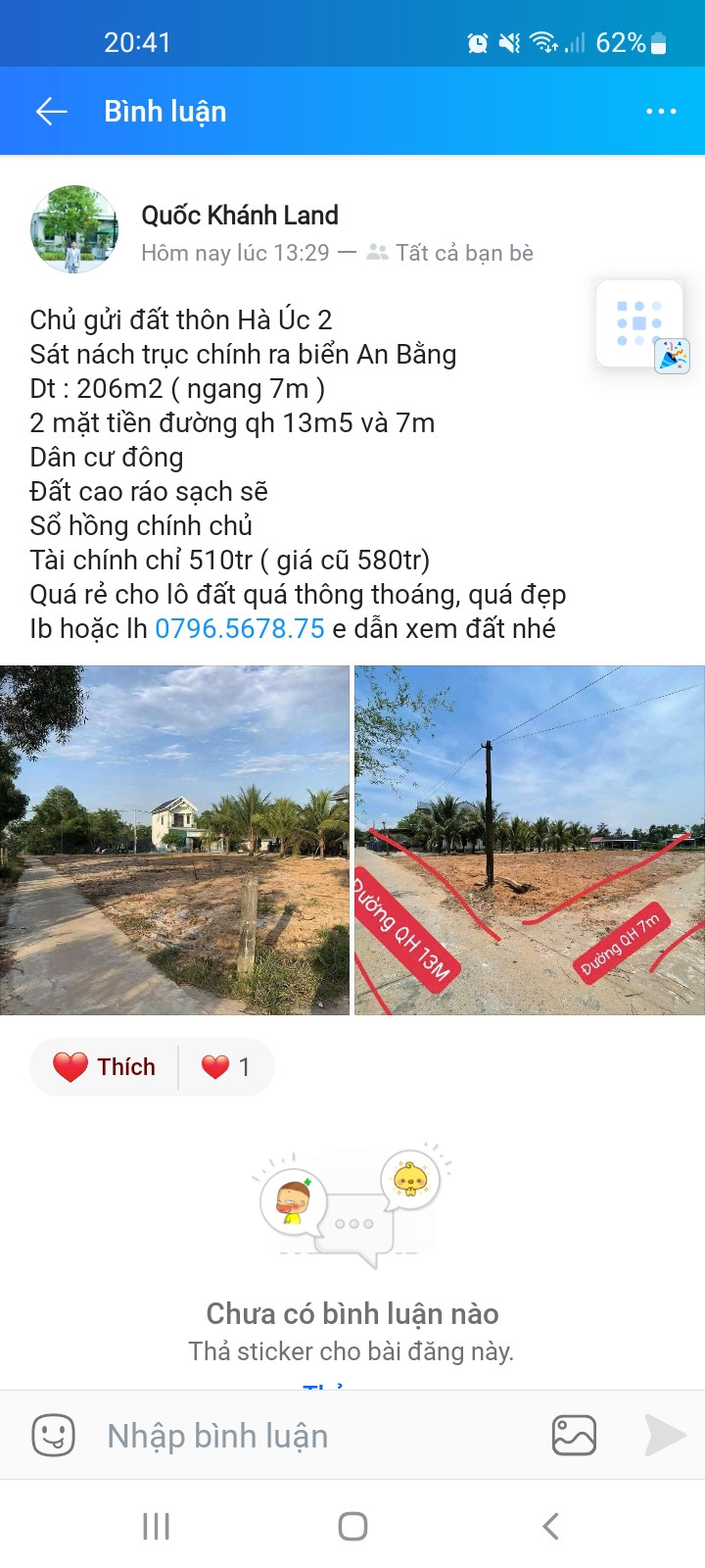 Bán hơn 200m hai mặt tiền đất vinh an phú vang huế giá 510 triệu