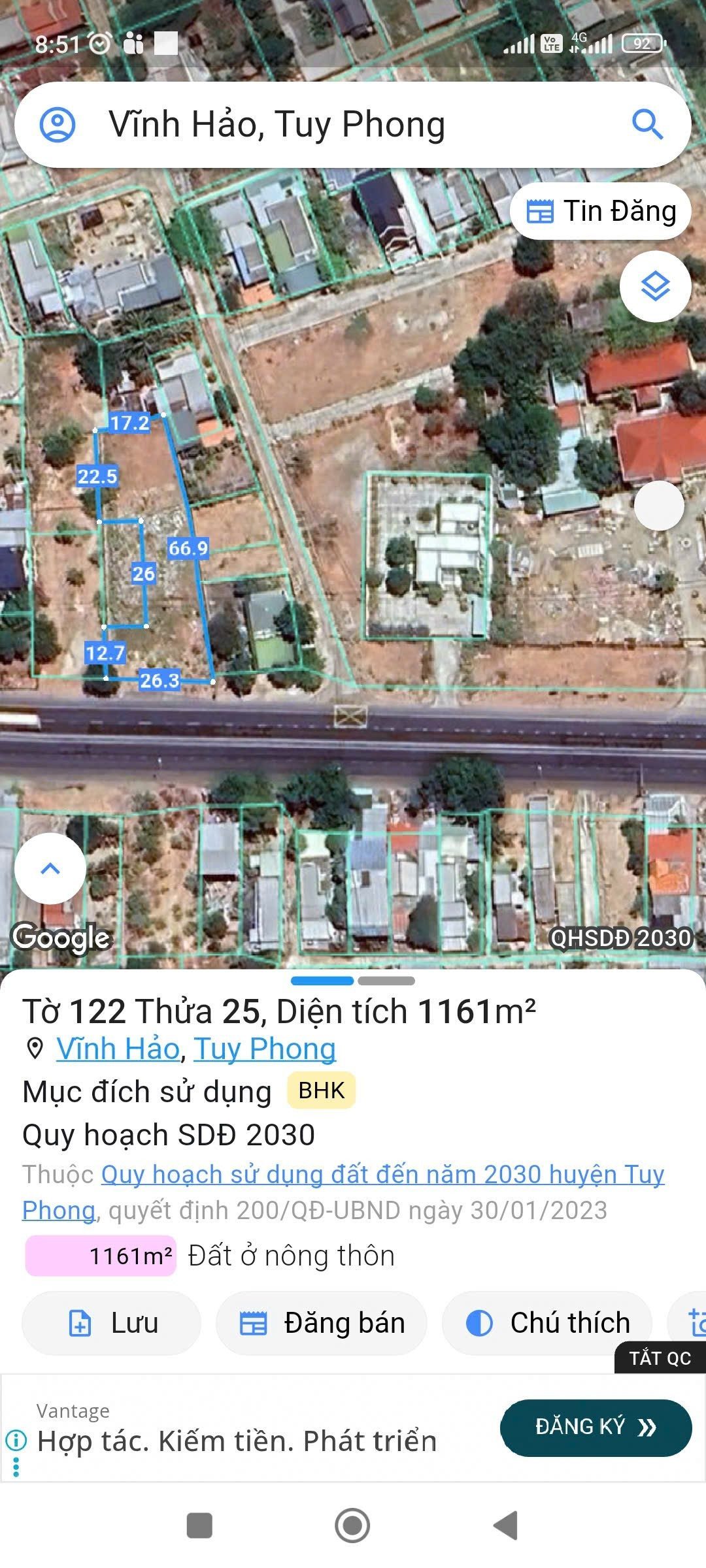 Bán 1500m2 đất mặt tiền ql1a ngày trung tâm xã Vĩnh Hảo tỉnh Lâm Đồng