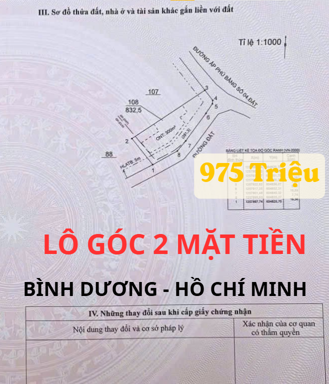 LÔ GÓC THỔ CƯ, 2 MẶT TIỀN ĐƯỜNG TẠI BÌNH DƯƠNG - HỒ CHÍ MINH. 832M2 BÁN LỖ GẤP 975TR, KHÁCH THIỆN CHÍ TÌM MUA GỌI 0903263878 XEM SỔ ĐẤT.