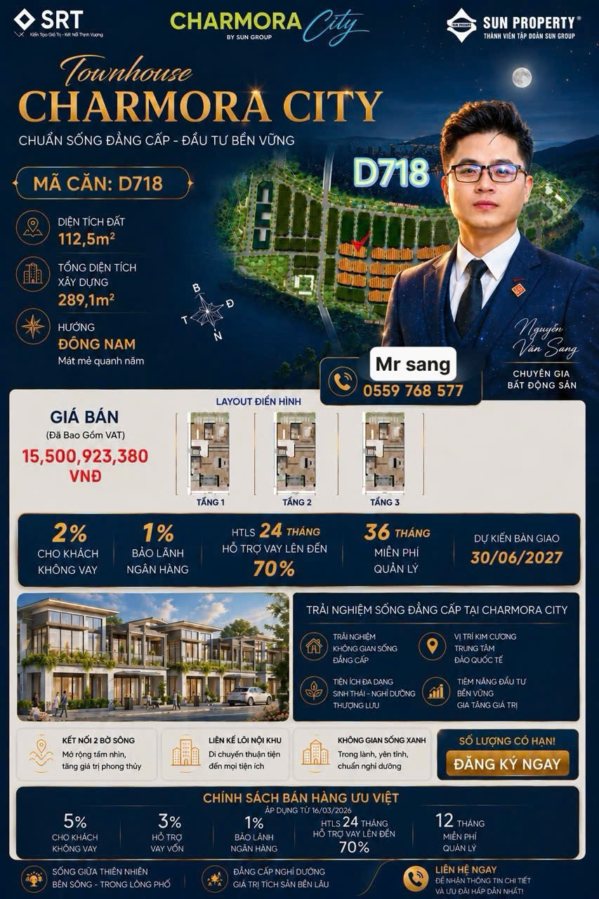 💎 THÔNG TIN CĂN TOWNHOUSE D718:
 Diện tích đất: 112,5m^2 – Rộng rãi, thoáng đãng.
 Tổng diện tích xây dựng: 289,1m^2 – Thiết kế 3 tầng thông minh. Giá chủ đầu tư  15ty5 hoa hông chủ đầu tư