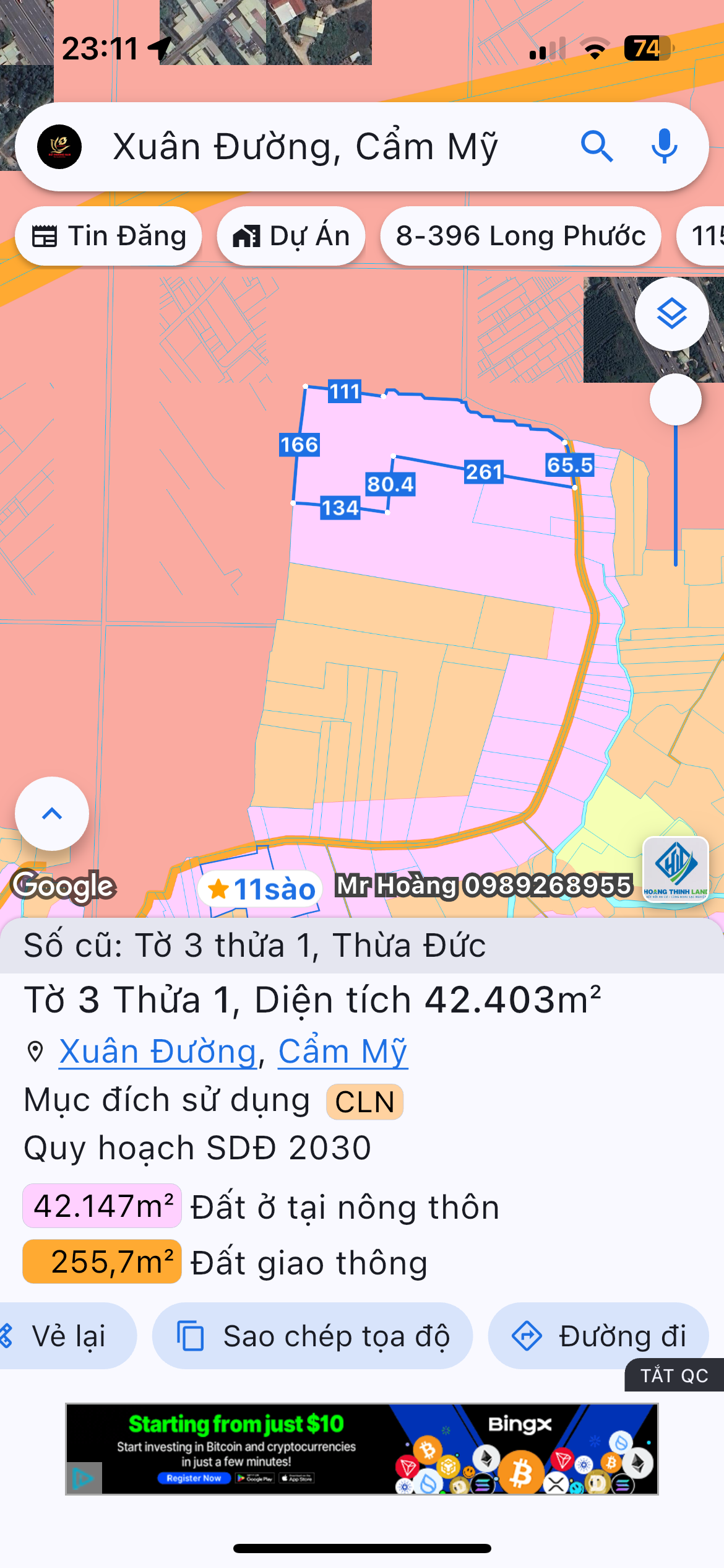Bán đất 135000m² ngang 500m giá 270 tỷ Xã Xuân Đường