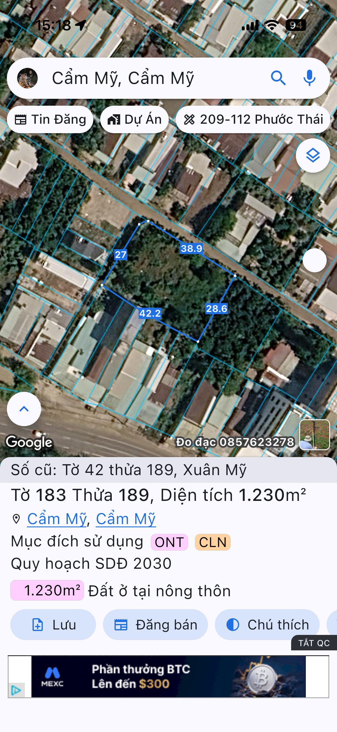 Bán Đất 1230m2 có sẵn 300 m2 thổ cư giá 5.7 tỷ tại Xã Xuân Mỹ Huyện Cẩm Mỹ Đồng Nai