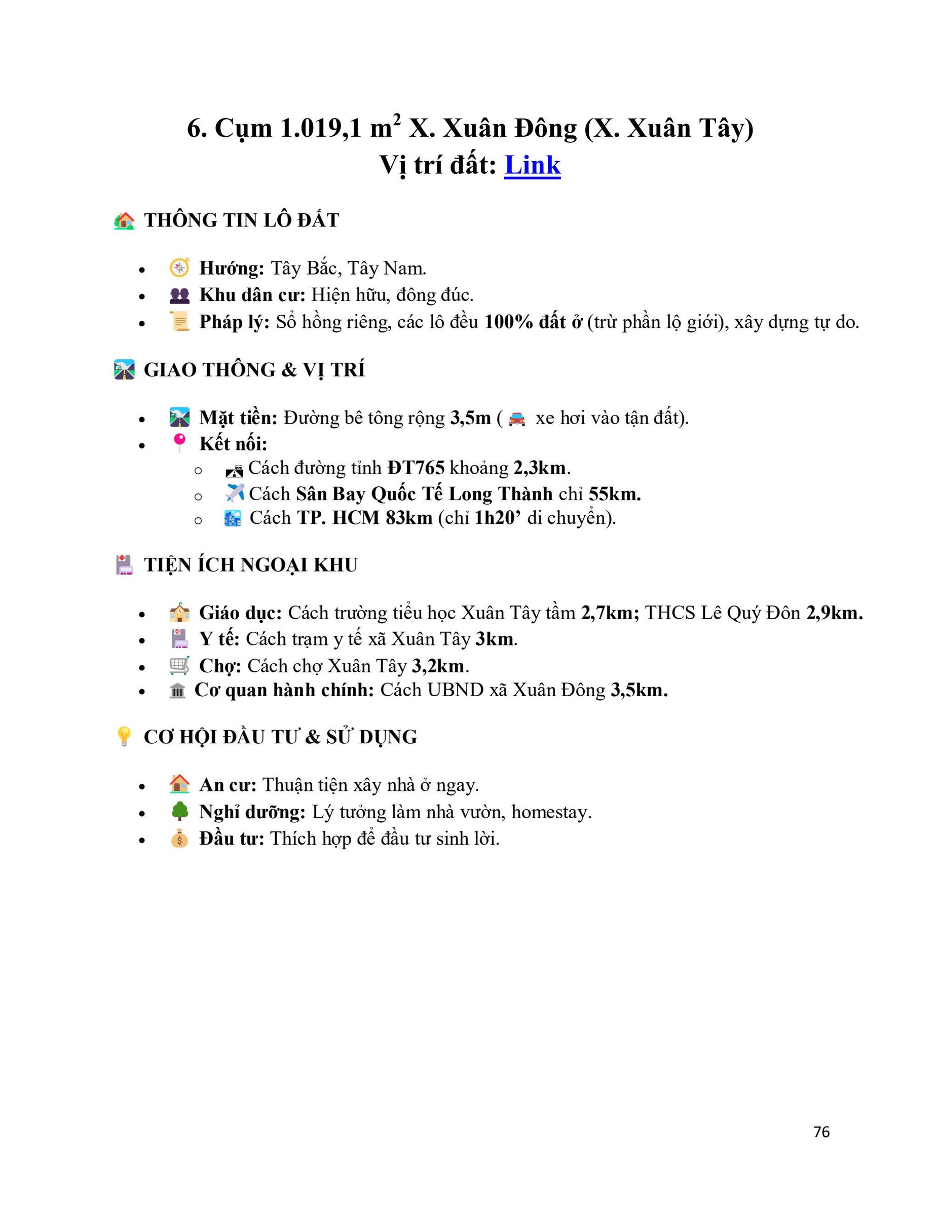 6. Cụm 1.019,1 m2 X. Xuân Đông (X. Xuân Tây)
Vị trí đất: Link
 THÔNG TIN LÔ ĐẤT 
• Hướng: Tây Bắc, Tây Nam.