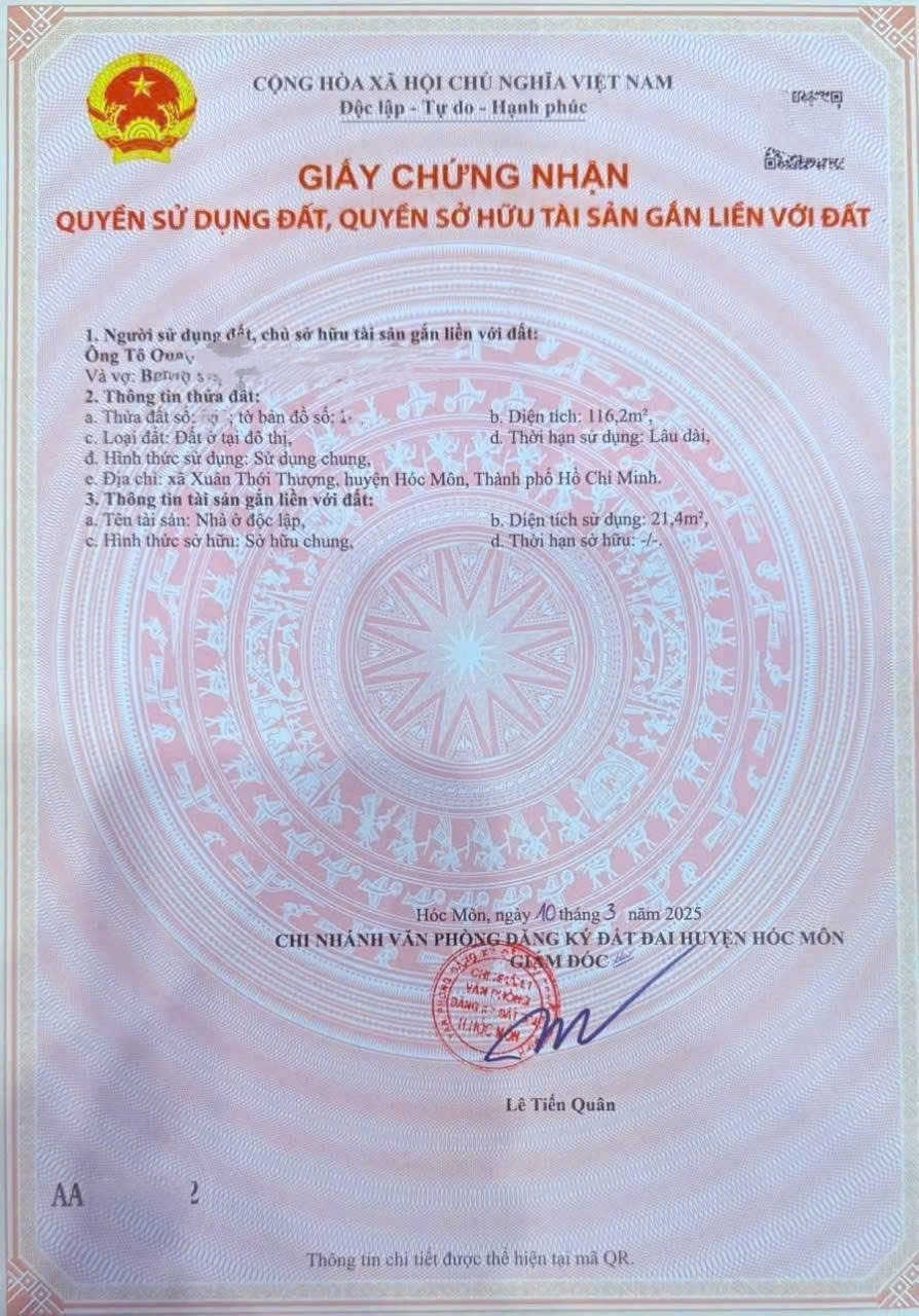 Bán đất tặng nhà cấp 4 Dt 116m2 sổ hồng riêng. Ngay Trung Tâm hành chính xã Bà Điểm mới