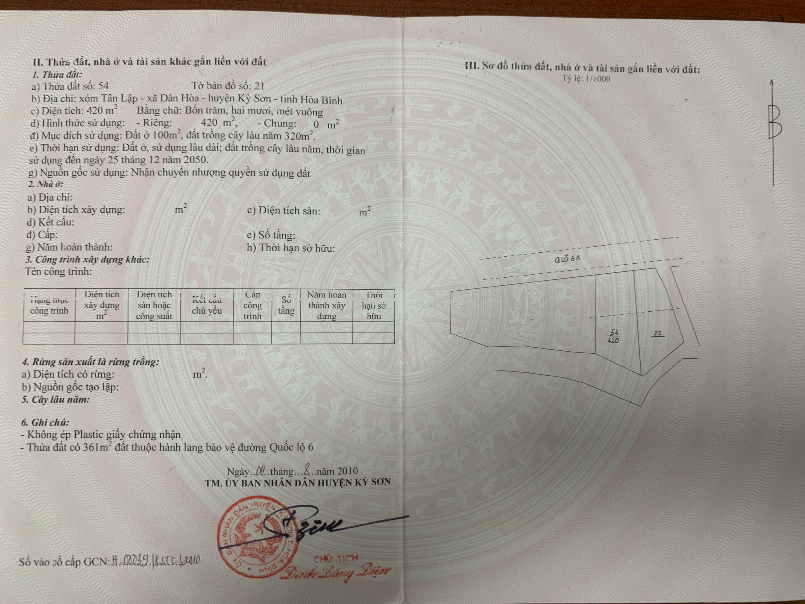 bán lô đất mặt đường QL6, Kỳ Sơn, Hòa Bình hàng F0 giá 7 tỷ, 420m