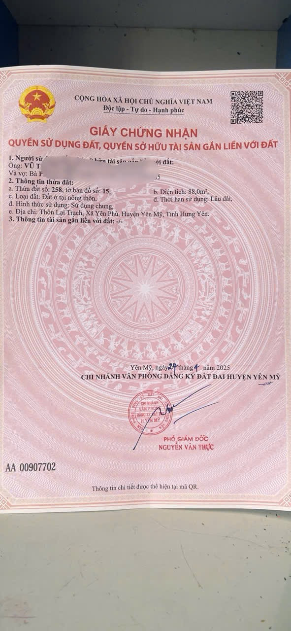 Yên Phú Yên Mỹ ( cũ ) 88m2 full thổ cư