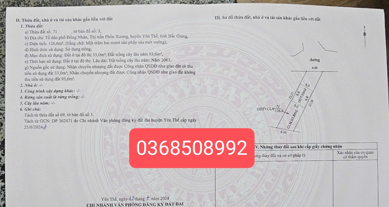 Bán đất 126m² ngang 6m giá 740 triệu Xã Yên Thế