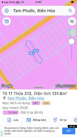 Bán nhanh lô đất 131.6m2 có 55m2 thổ cư đường nhựa, sổ riêng,  trong khu dân cư.