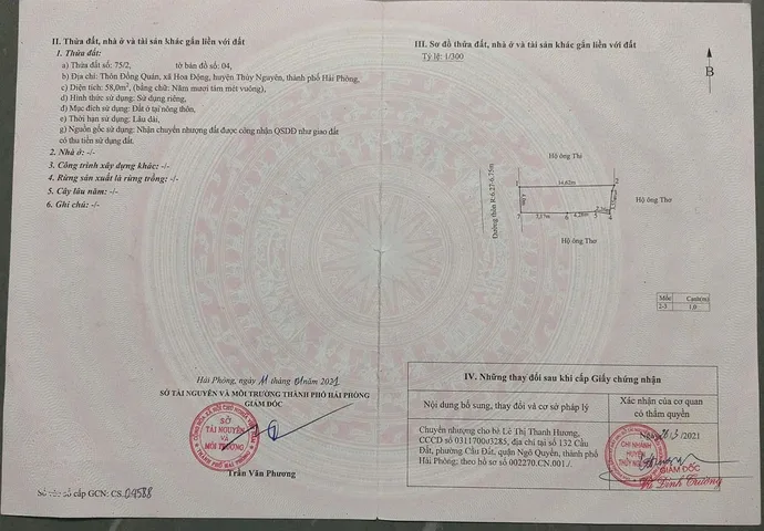 1 lô duy nhất đẹp mướt mơ tại đồng quán hoa động  Thủy Nguyên dt 58m ngang 4 giá chỉ 2tỷ 3xx lh ngay 0382342632 em liên