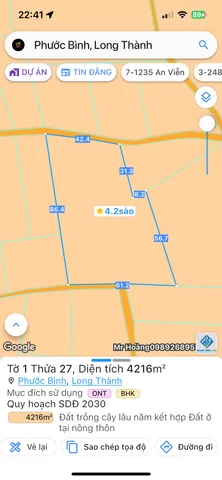 Bán đất 4216.4m² 4.5 tỷ tại Xã Phước Bình Huyện Long Thành